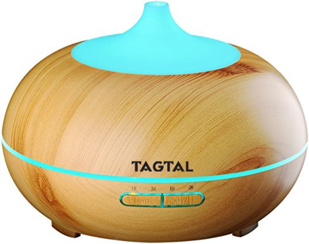 Aromatherapy Essential Oil Diffuser, Tagital 300ml Wood Grain Ultrasonic Cool Mist Whisper-Quiet Humidifier with Color LED Lights Changing & 4 Timer Settings, Waterless Auto Shut-off For Spa Baby