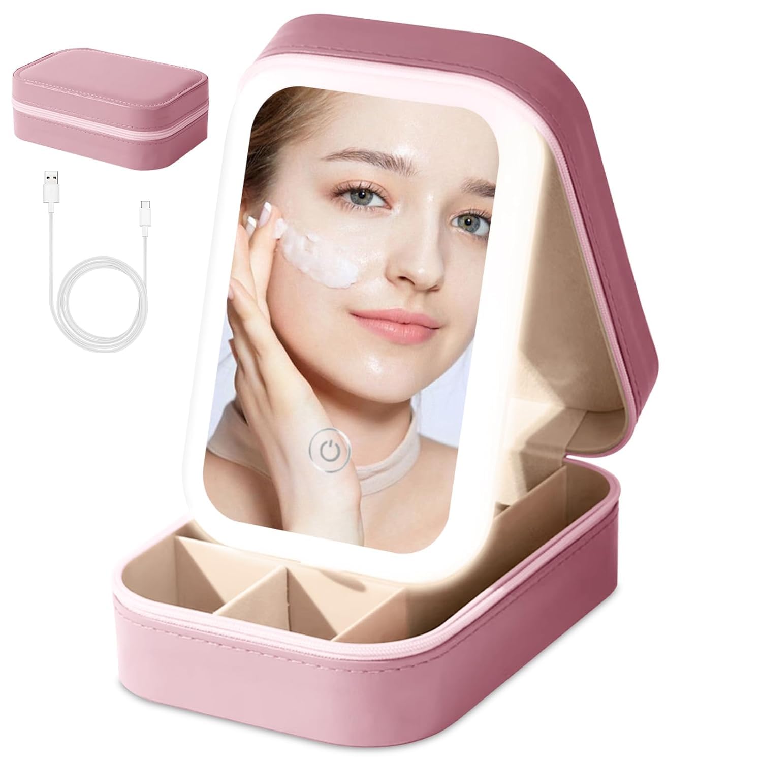 LED Lighted Makeup Mirror Jewelry Box – Portable 2-in-1 Travel Organizer with Adjustable Lighting, Cosmetic Storage & Rechargeable Battery – Compact Vanity Mirror for Women- (Pink)-image-38