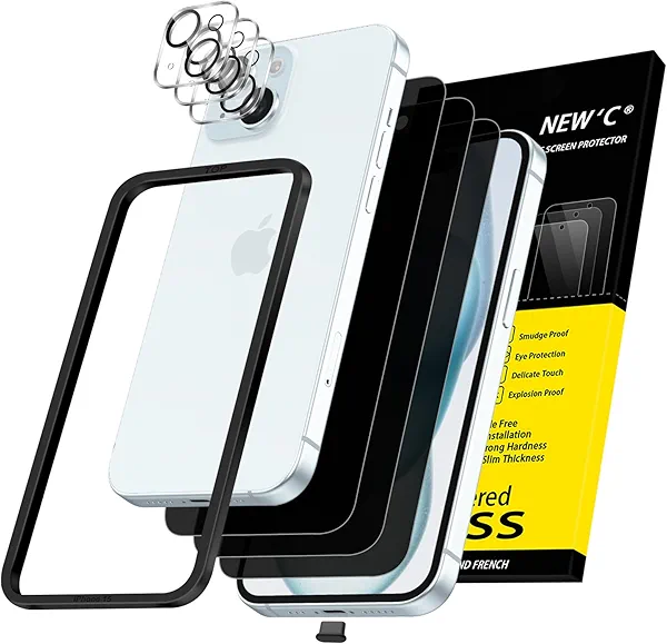 NEW'C 3X Privacy for iPhone 15 Screen Protector (6.1 inches)+ 3X Camera Lens Protector, Sensor Protection, Case Friendly Tempered Glass Film + Dust Plug - Easy Installation Tool Included