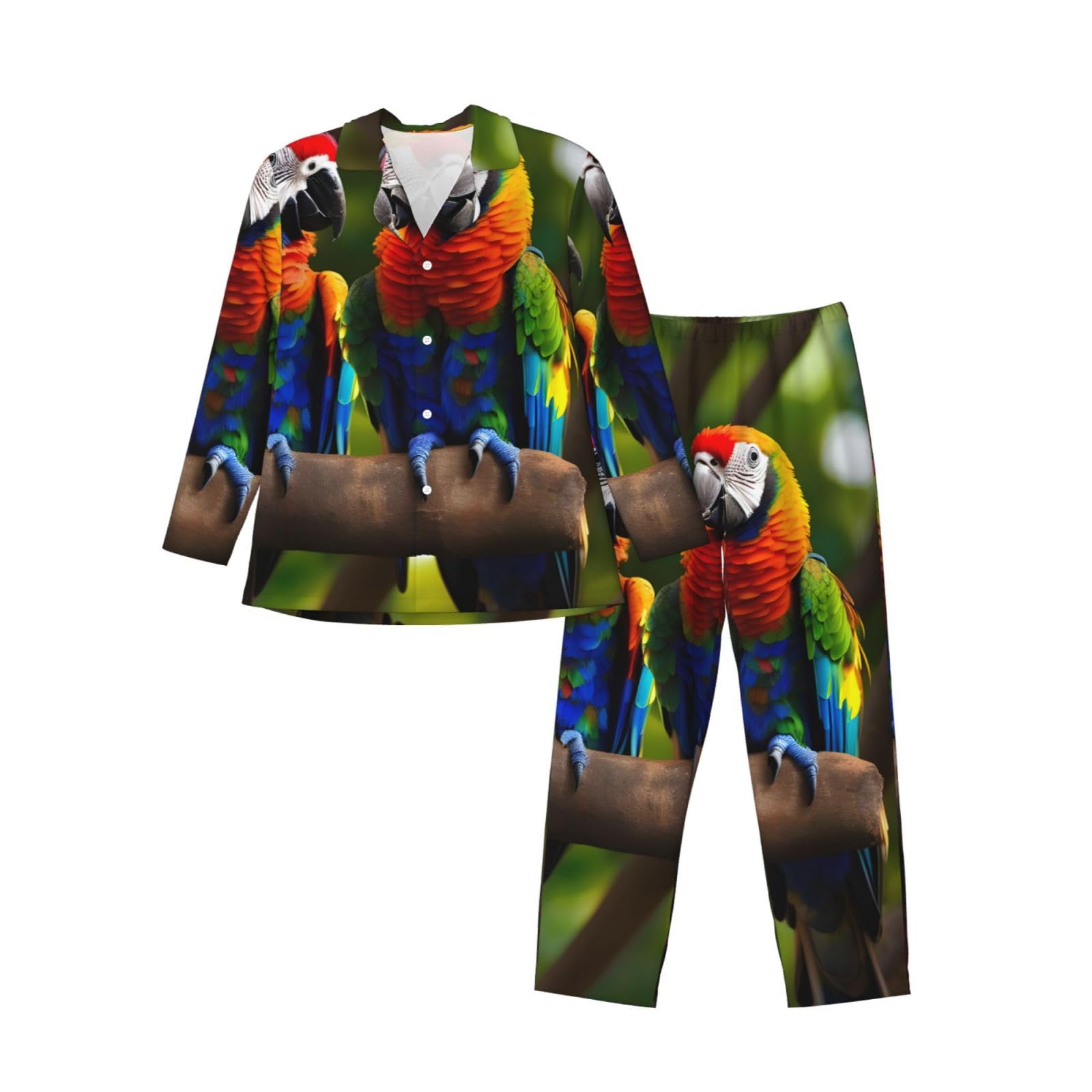 Herren-Pyjama-Set mit bunten Papageien auf Baum, langärmelig, zweiteilig, Hauskleidung, bequeme Nachtwäsche