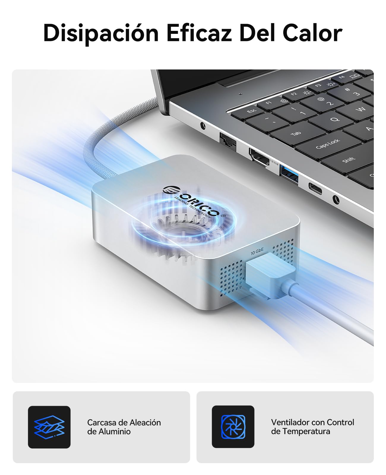 ORICO 10GbE Ethernet Adaptador, hasta 10Gb/s, Soporta 10Gb/s, 5Gb/s, 2.5Gb/s, 1Gb/s y 100Mb/s Base-T, Compatible con Dispositivos Thunderbolt 3/4/5, con Cable 0.3M 40Gbps C a C