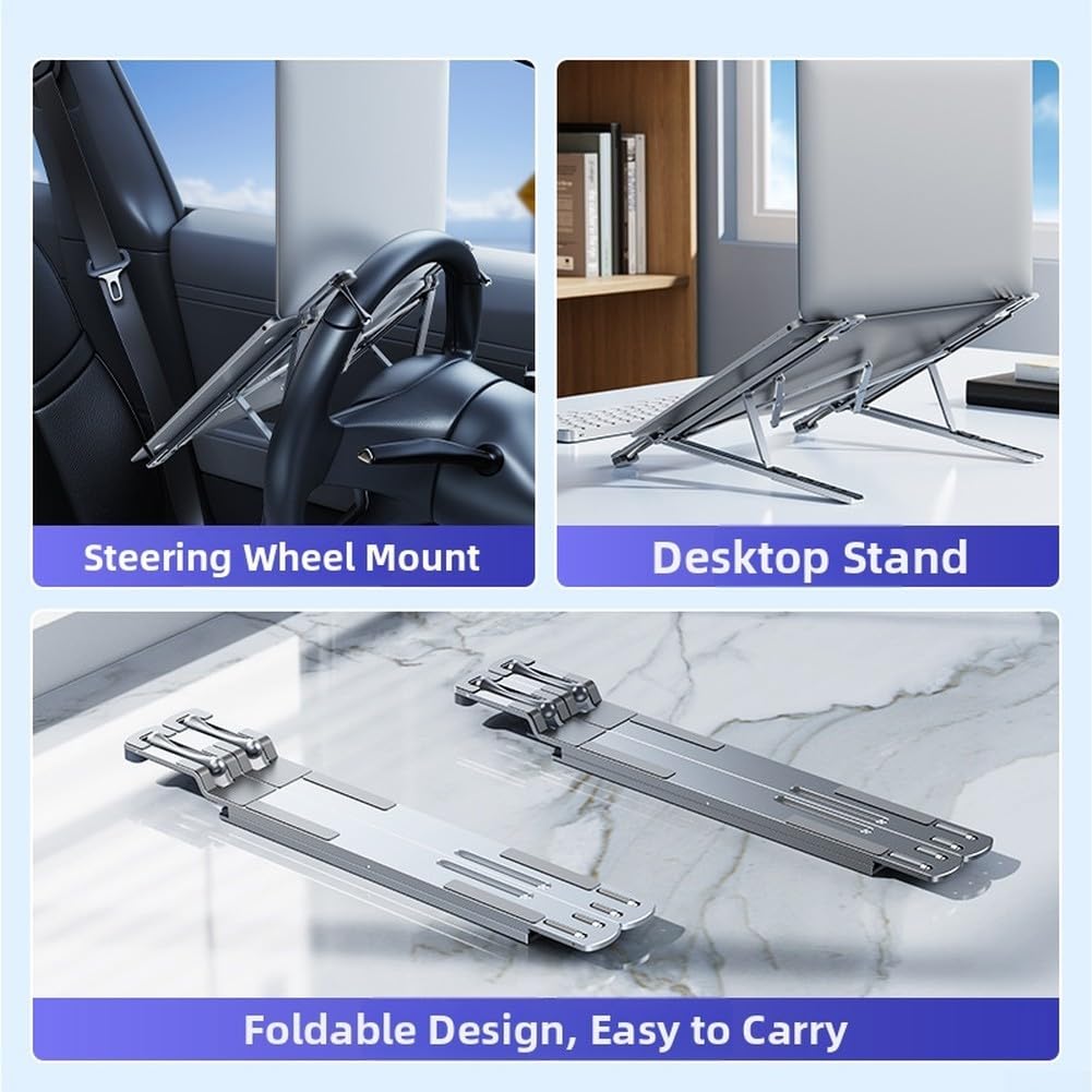 Soporte plegable ajustable para laptop para volante de coche, bandeja de aluminio resistente con cerradura (plata)