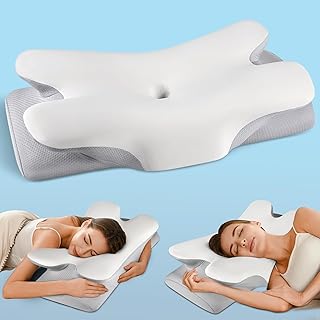 Cervical Neck Pillow for Pain Relief Sleeping, Cooling Ergonomic Contour Side Sleeper Pillow for Neck Support, Odorless Soft Memory Foam Orthopedic Bed Pillow for Back Stomach Sleeper, Grey