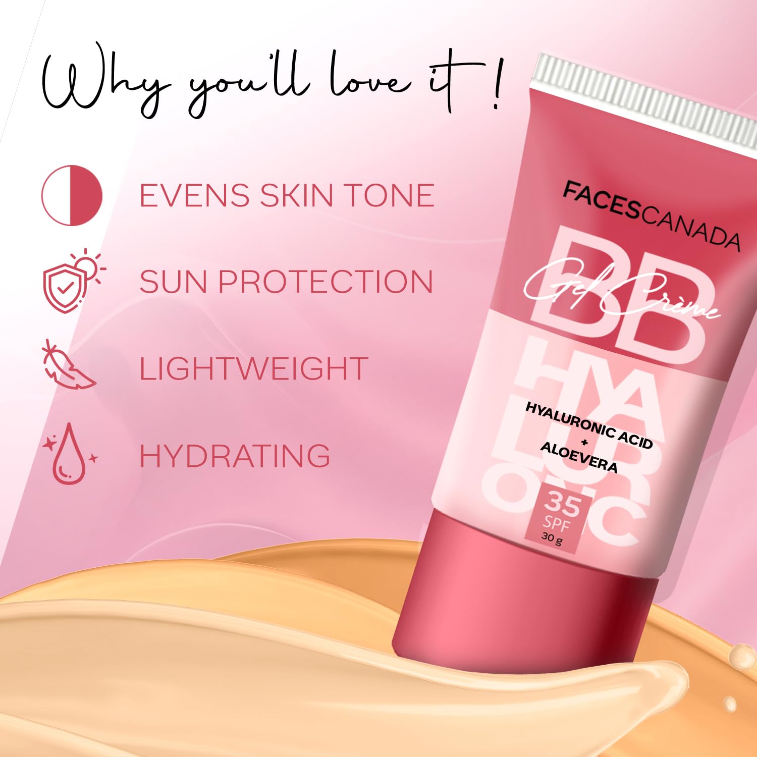 FACESCANADA SPF 35 BB Gel Crème - Light Vanilla, 30g | Multitasking | Even Skin Tone | Instant Glow | Smooth Flawless Matte Finish | Hydrating | Lightweight & Nonsticky