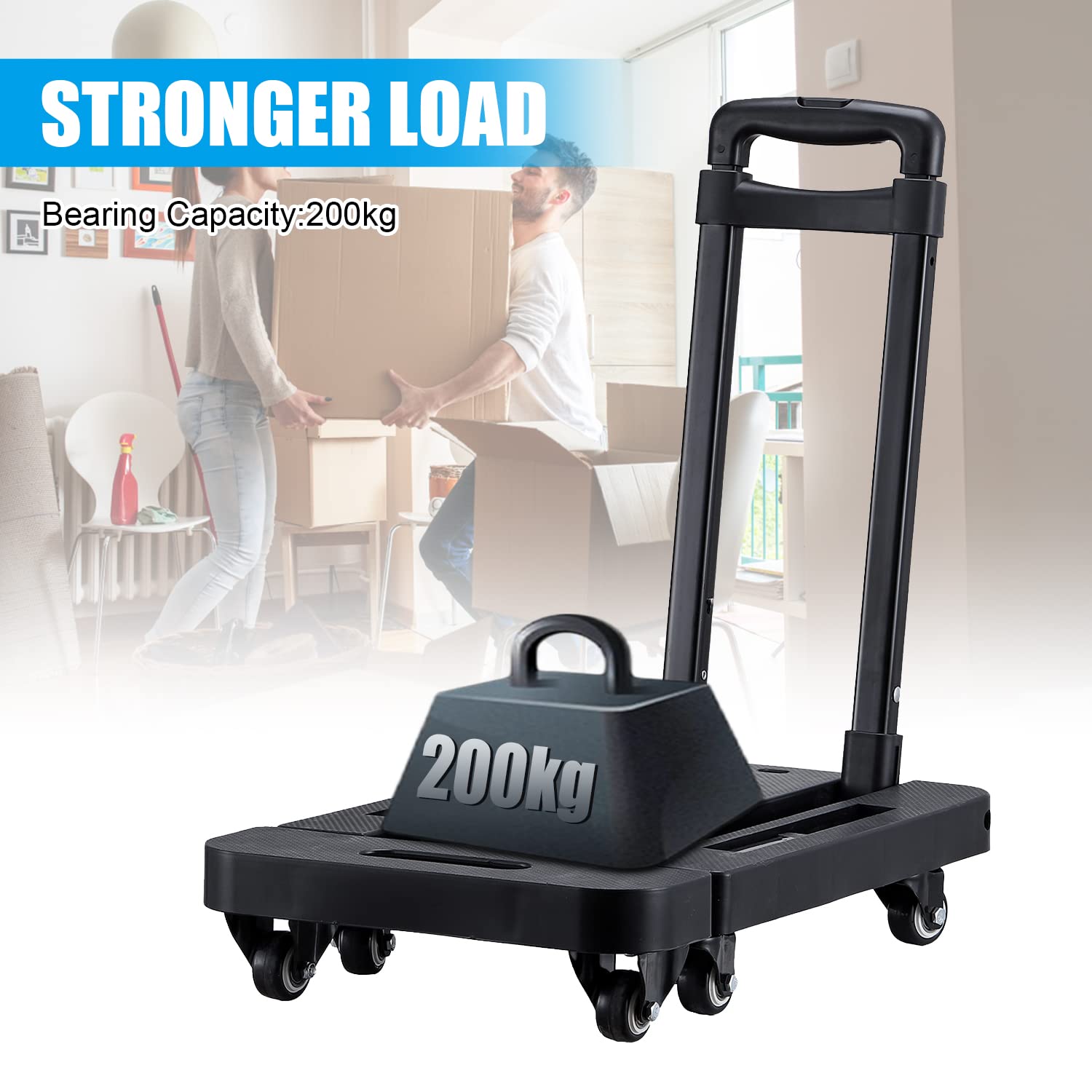 Carrello Pieghevole Marketero Heavy Duty - Capacità 200kg Con 6 Ruote E Corde Elastiche, Per Traslochi, Spesa, Campeggio, Giardino - Nero