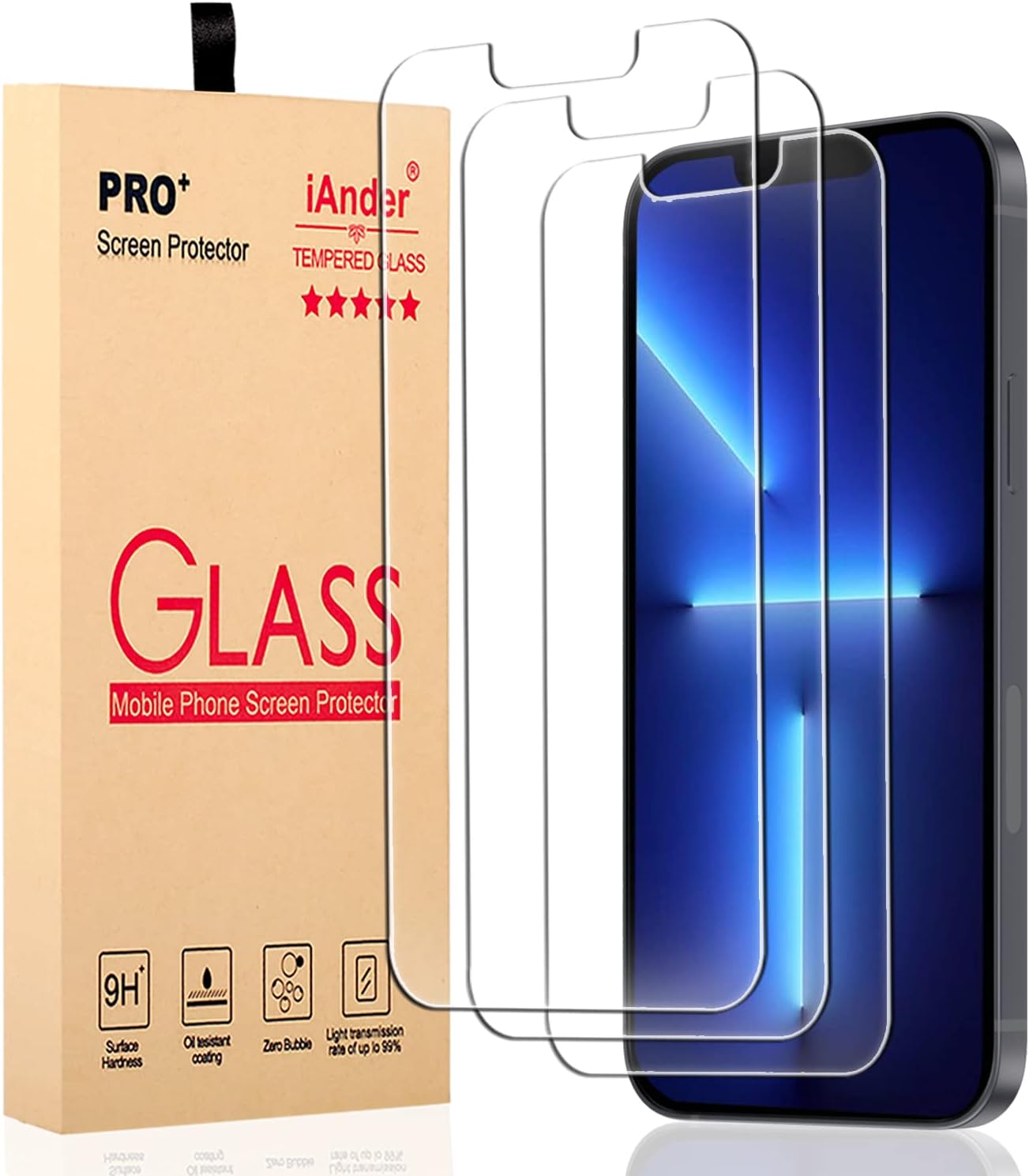 iAnder [ 3-PACK Screen Protector Compatible with iPhone 13 Pro Max [ Easy Installation Frame ] HD Tempered Glass Screen Protector Compatible with iPhone 14 Plus, Anti Scratch, Case Friendly