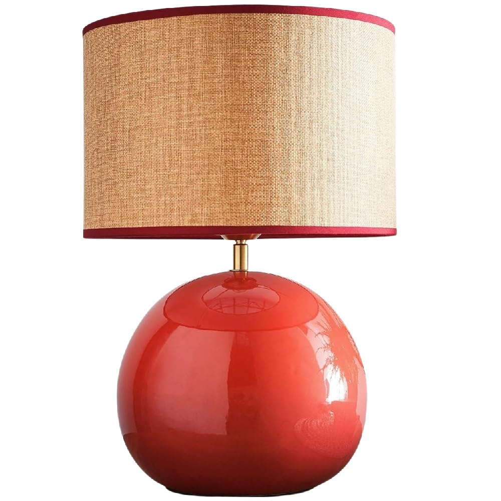 Britalia Red Glossy Ceramic Table Lamp With Linen Drum Shade, Es Bulb Base, 44Cm X 30Cm, 2.4Kg