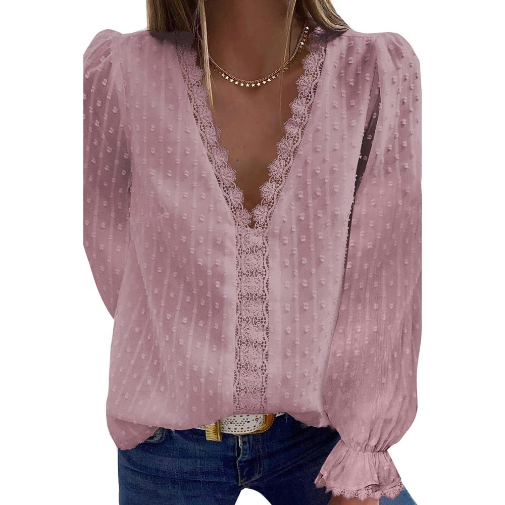 Bipily Camiseta para Mujer Blusa de Encaje con Cuello en V de Gasa Manga Larga Elegante y Básica Color Sólido Tops