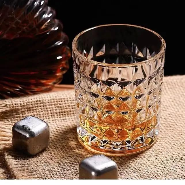 Image of Whiskey Glasses Set of 6 pcs- 300 ml Bar Glass for Drinking Bourbon, Whisky, Scotch, Cocktails, Cognac- Old Fashioned Cocktail Tumblers (4, Checks)