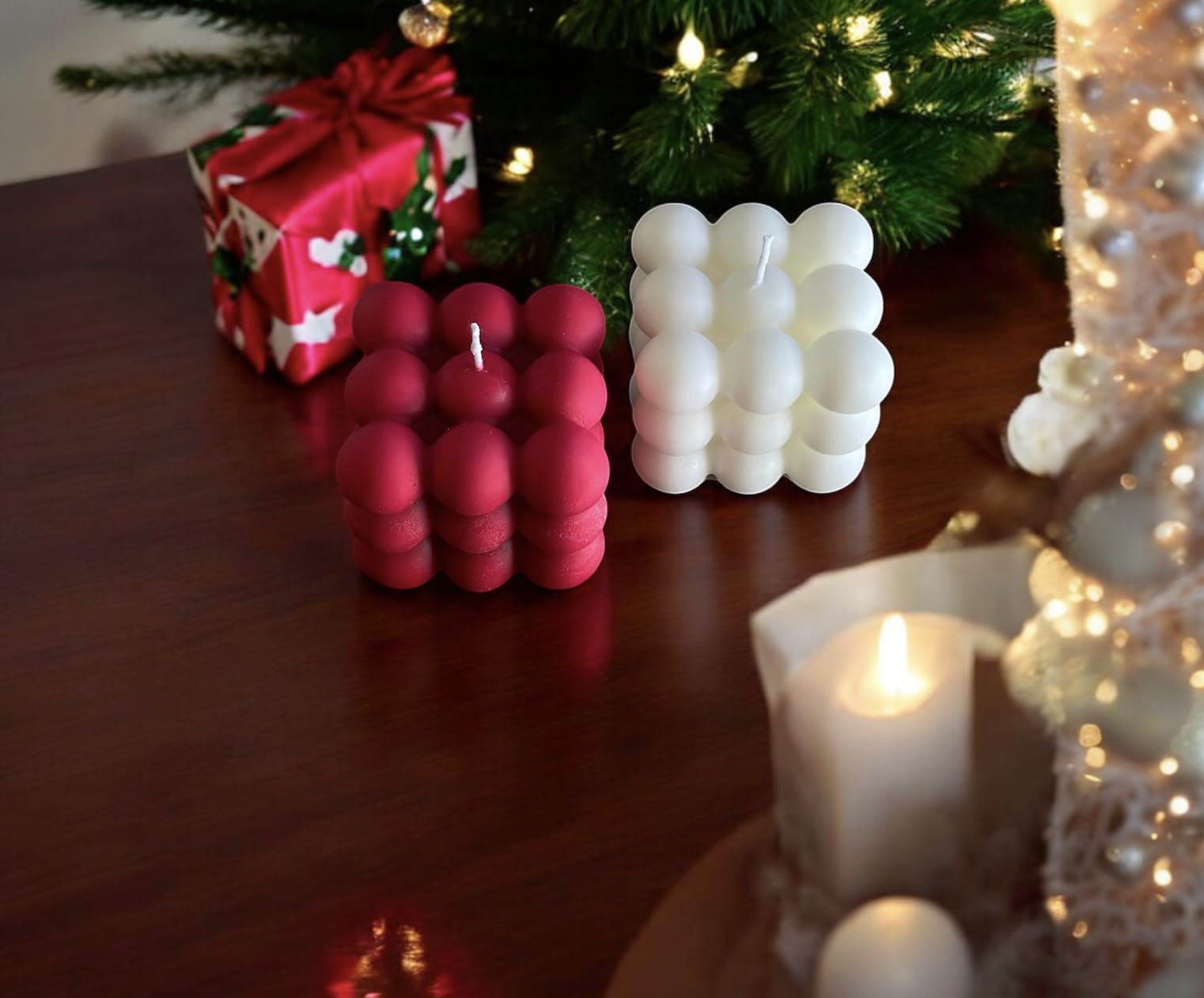 Bubble Cube Red Soy Wax Candles - 2 Pcs Handmade Christmas Decor Gift Candle