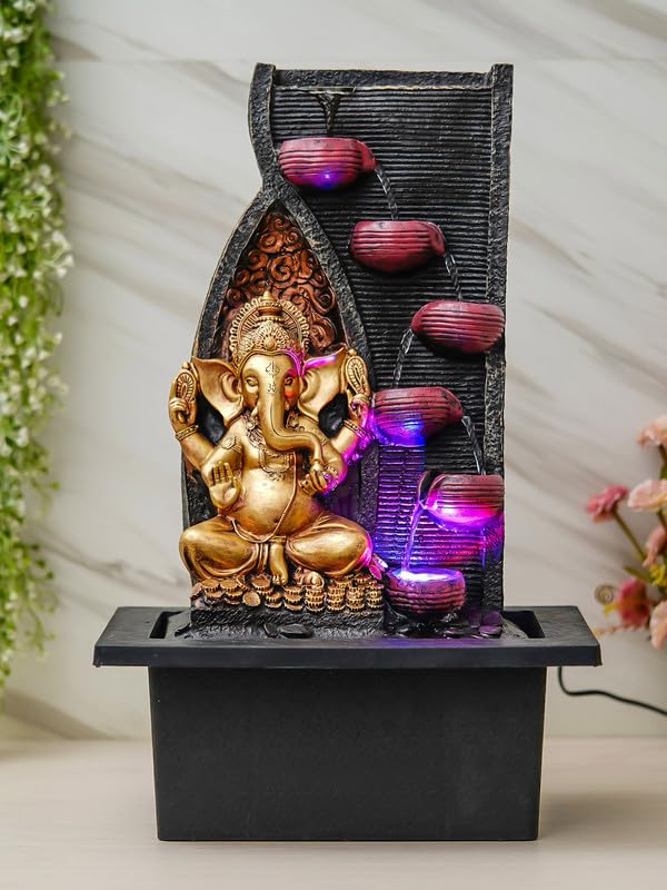Image of Golden Brown Polyresin Tabletop Ganesha 6 Step Indoor Water Fountain for Home Decor with LED, Speed Control Pump (Size: 37 x 28 x 58 CM | Weight: 3000Gram)