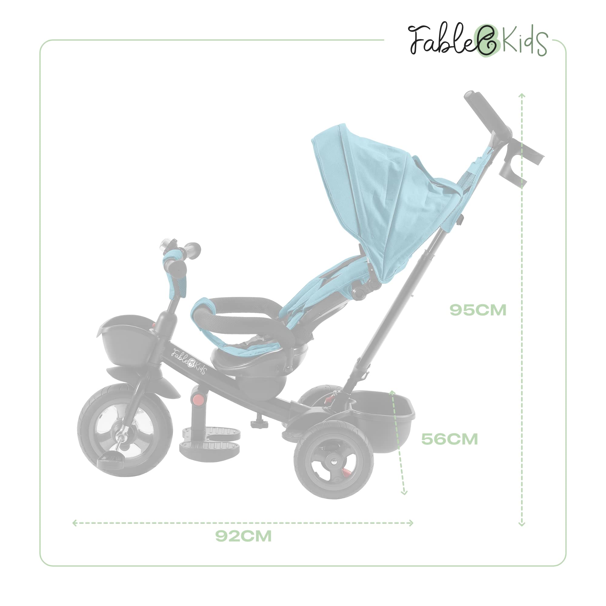 FableKids 5in1 Dreirad ab 9 Monate bis 25kg | Kinderdreirad mit Schubstange, 360° drehbarem Sitz, Verdeck mit Sonnenschutz, 3-Punkt-Gurt, PU-Reifen, Korb & Zubehör für Babys & Kleinkinder | Türkis