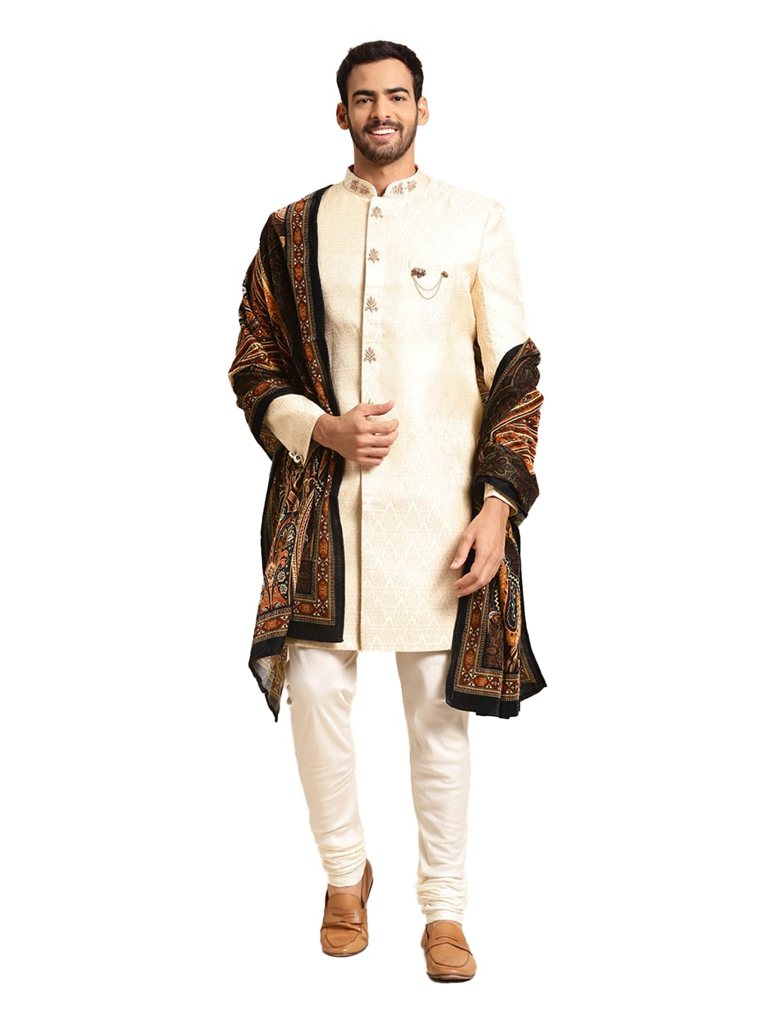 Kisah Sherwani Set With Dupatta For Men  Textured Silk Blend Jacquard Sherwani, Churidar & Dupatta | Traditional Indian Outfit For Weddings, Receptions & Festivals, White, 40