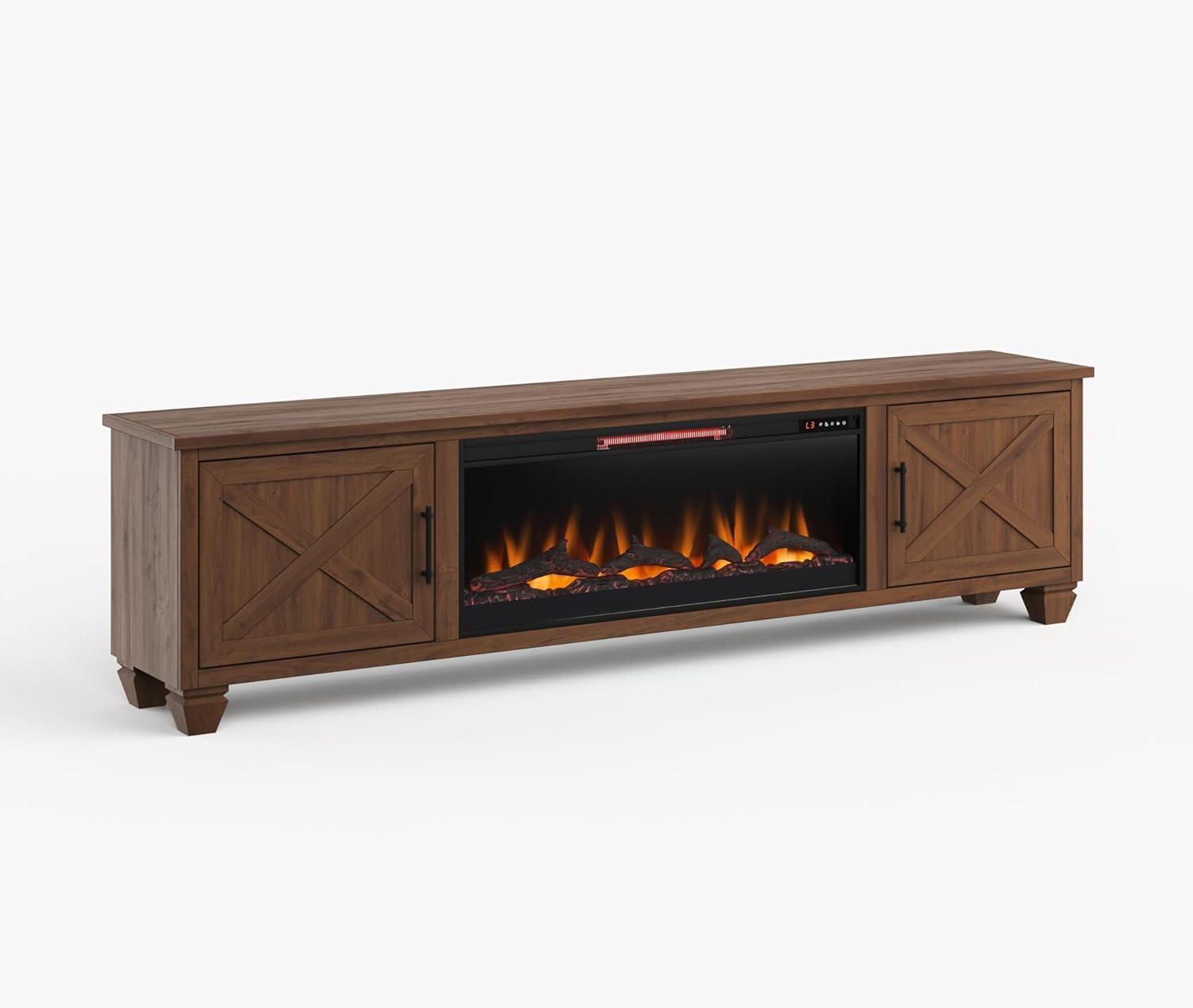 Realcozy Liberty Farmhouse 94 inch Electric Fireplace TV Stand Entertainment Center, for TVs up to 105 inches, Minimal Assembly, Solid Wood, Whiskey Finish