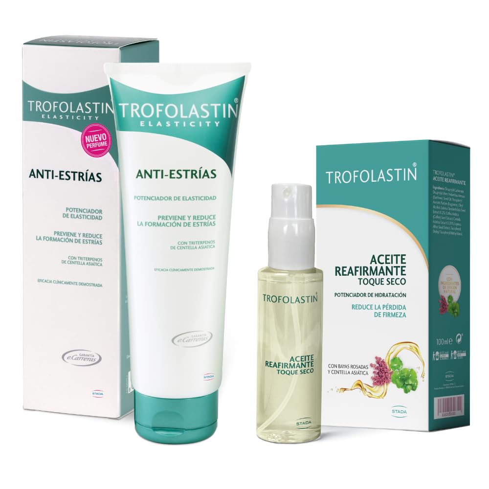 Trofolastin – Pack crema antiestrías 200ml + Aceite reafirmante 100 ml – Previene y reduce la formación de estrías Centella asiática – Embarazo, adolescentes y deportistas