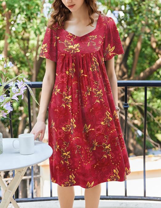 Image of Ekouaer Women's House Dress - Pleated Nightgown with Short Sleeves & Pockets