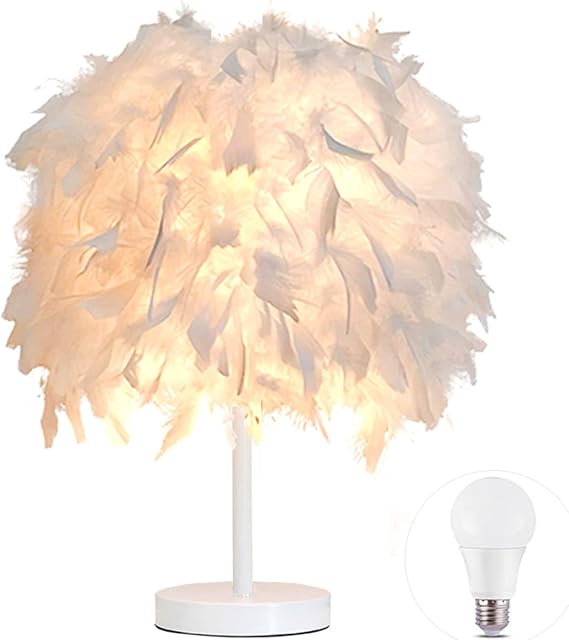 1 Pack Feather Table Lamp Bedside Lamp Feather Bedside Lampshade Table Light White Base with 3W Bulb for Living Room, Bedroom, Bar, Restaurant, Home Decor, S