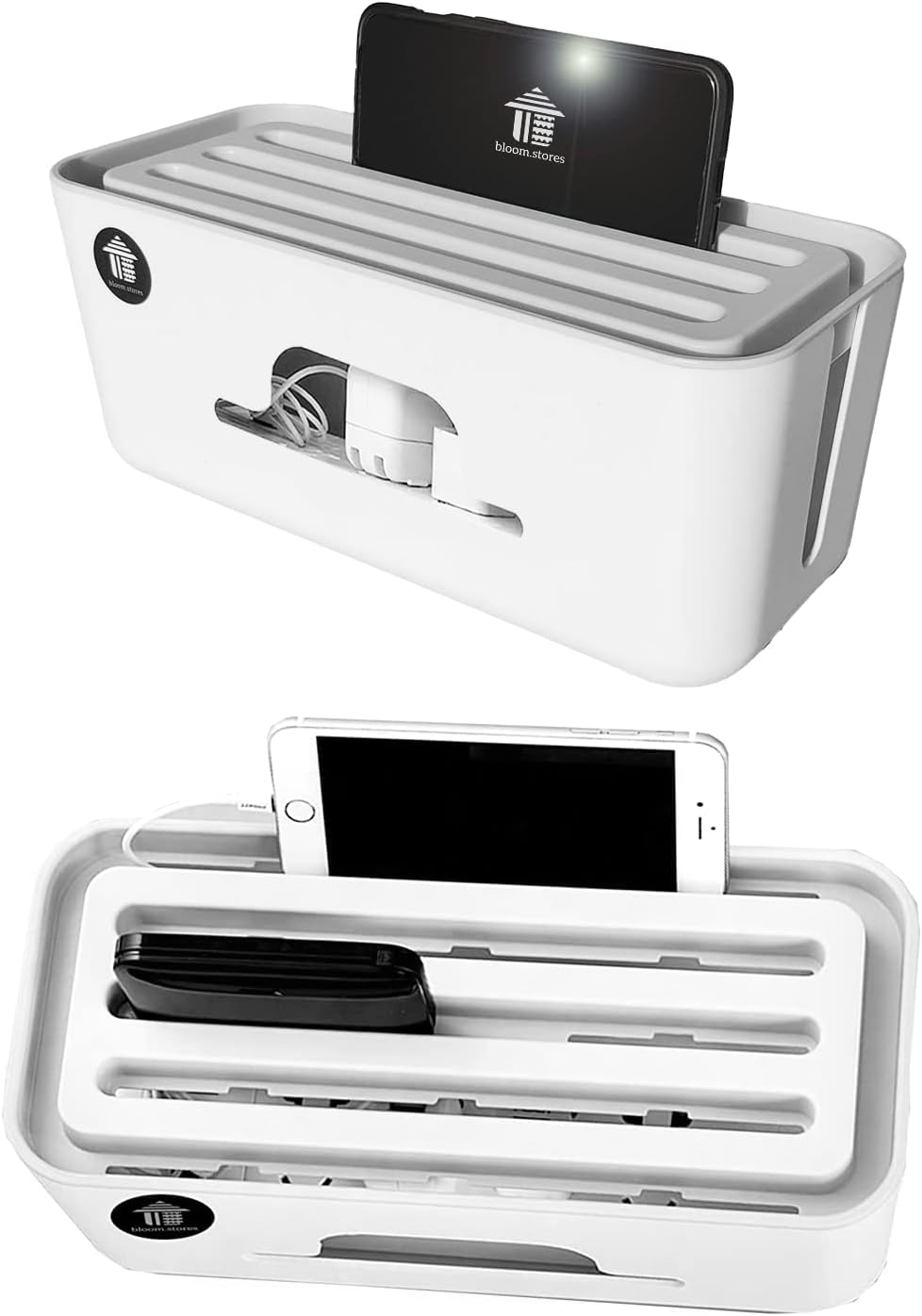 HOME 360Bloom.Stores Advanced Cable Management Box Extension Large Wire Organizer Box with Slotted Top for Phones, Tablets - Surge Protection for Your Home and Office - High Features (Large, White)