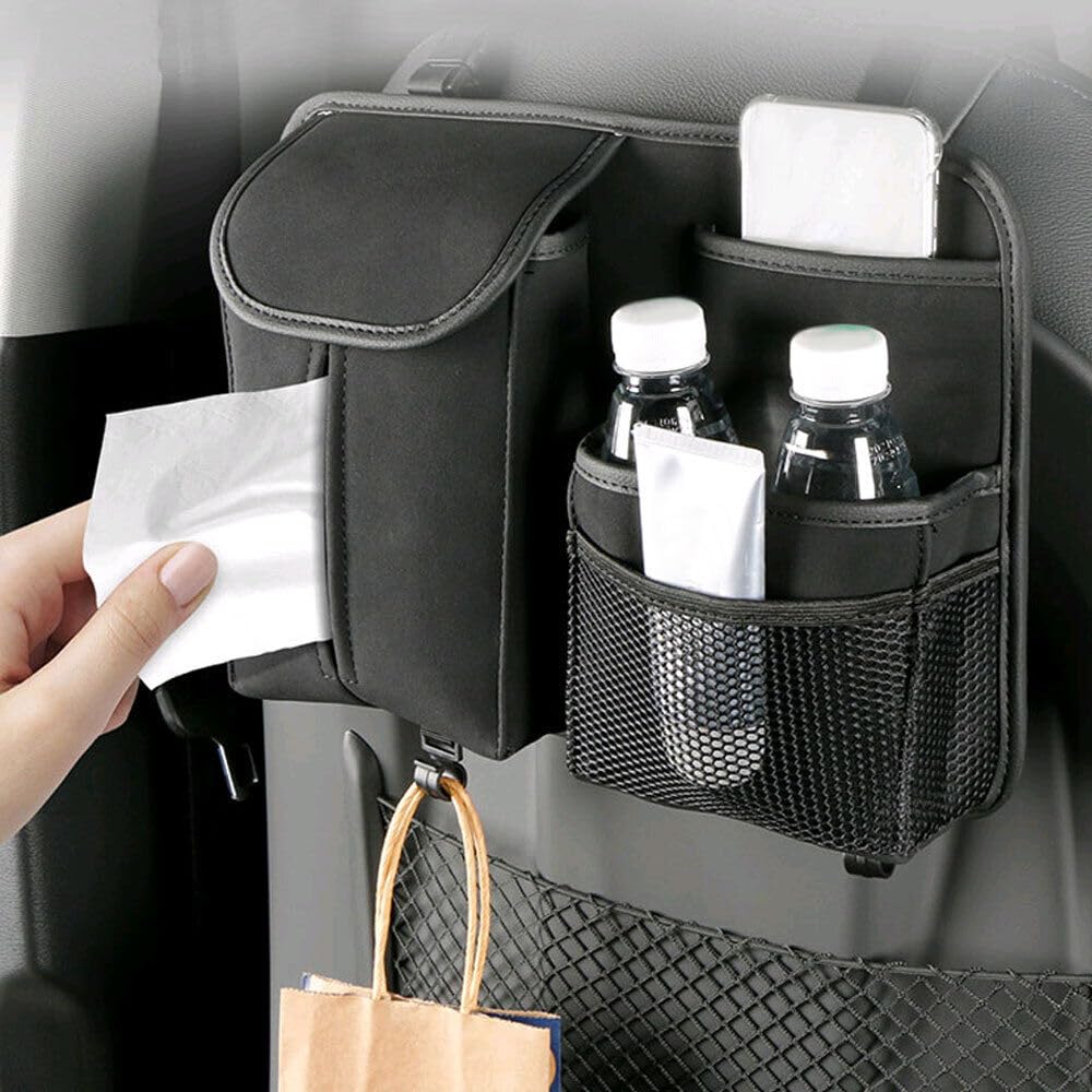 ARHAT ORGANIZERS Car Seat Back Organizers with Tissue Box, Premium Car Seat Storage Hanging Bag with 2 Hooks, Universal Car Storage Pocket for Cup Holders, Mobile, Bottles, Umbrella (Black)-image-20