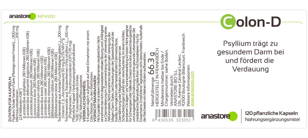COLON-D ◉ 450 mg / 120 gélules ◉ Bactéries Lactiques, Psyllium, Raisin et Acérola ◉ Digestion