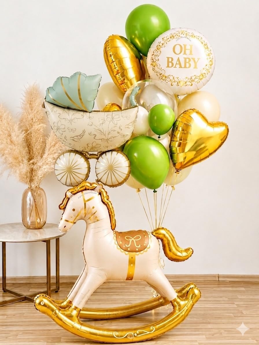 Party Warehouse Baby Shower Decoration Kit|Pastel Standee Horse, Pram,OH BABY Foil Balloon, Gold-green, Latex & confetti Balloons for Welcome Baby, Naming Ceremony, Newborn Celebration decor-10 Pcs-image-11