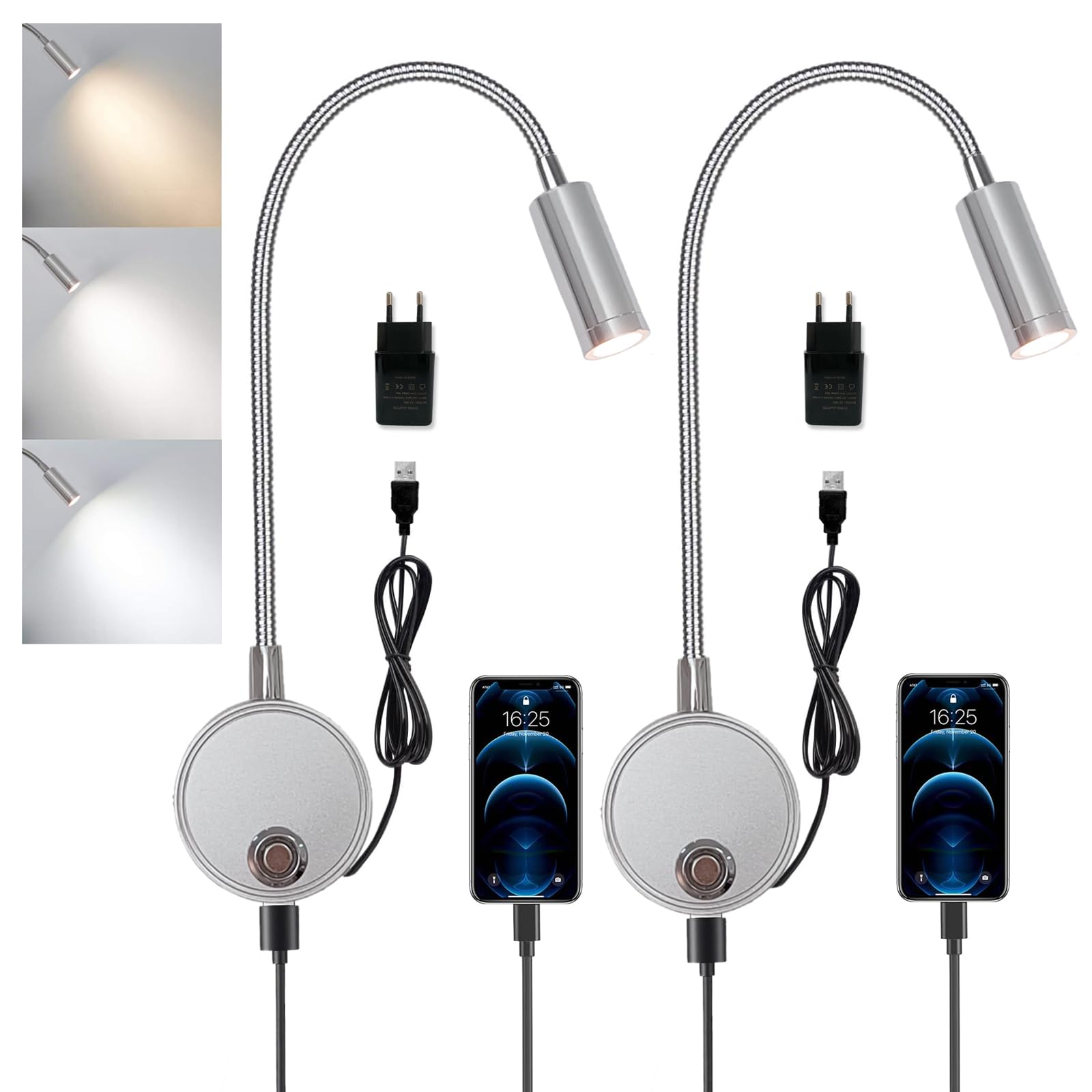 2 Piezas Luz de Lectura Pared, Aplique de Pared Táctil LED Interior con Puerto USB Lámpara de Cuello de Cisne Flexible 360° Iluminación de Cabecera para Dormitorio con Adaptador de Alimentación