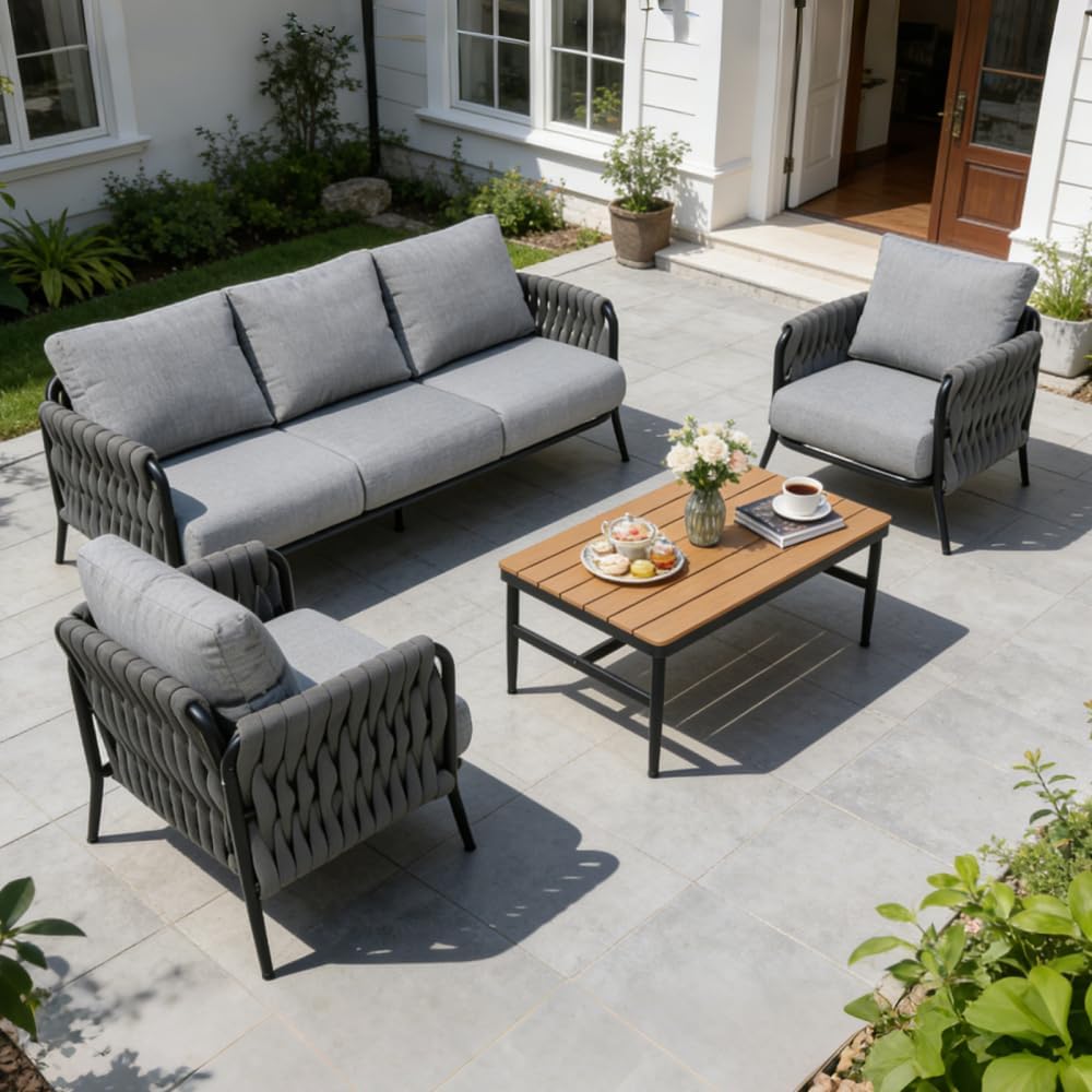 4-Piece Outdoor Patio Furniture Set, Hand-Woven Wicker Conversation Set with Olefin Cushions & WPC Coffee Table, 330 Lbs Capacity for Backyard, Balcony, Garden
