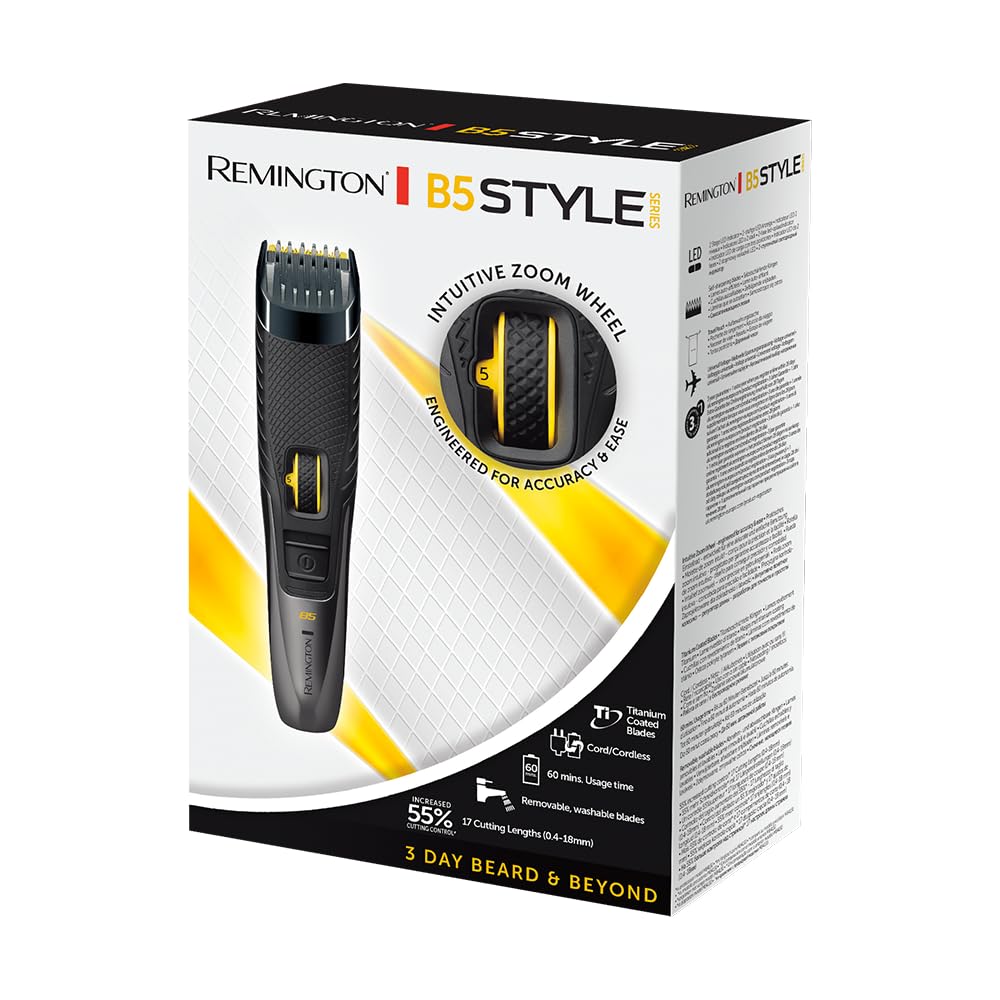Remington Tondeuse à barbe [17 réglages 0,4-18 mm] Style Series B5 (lames titane auto-affûtées amovibles, portable, avec/sans fil, molette de réglage, 60 min d'autonomie, pochette de voyage) MB5000