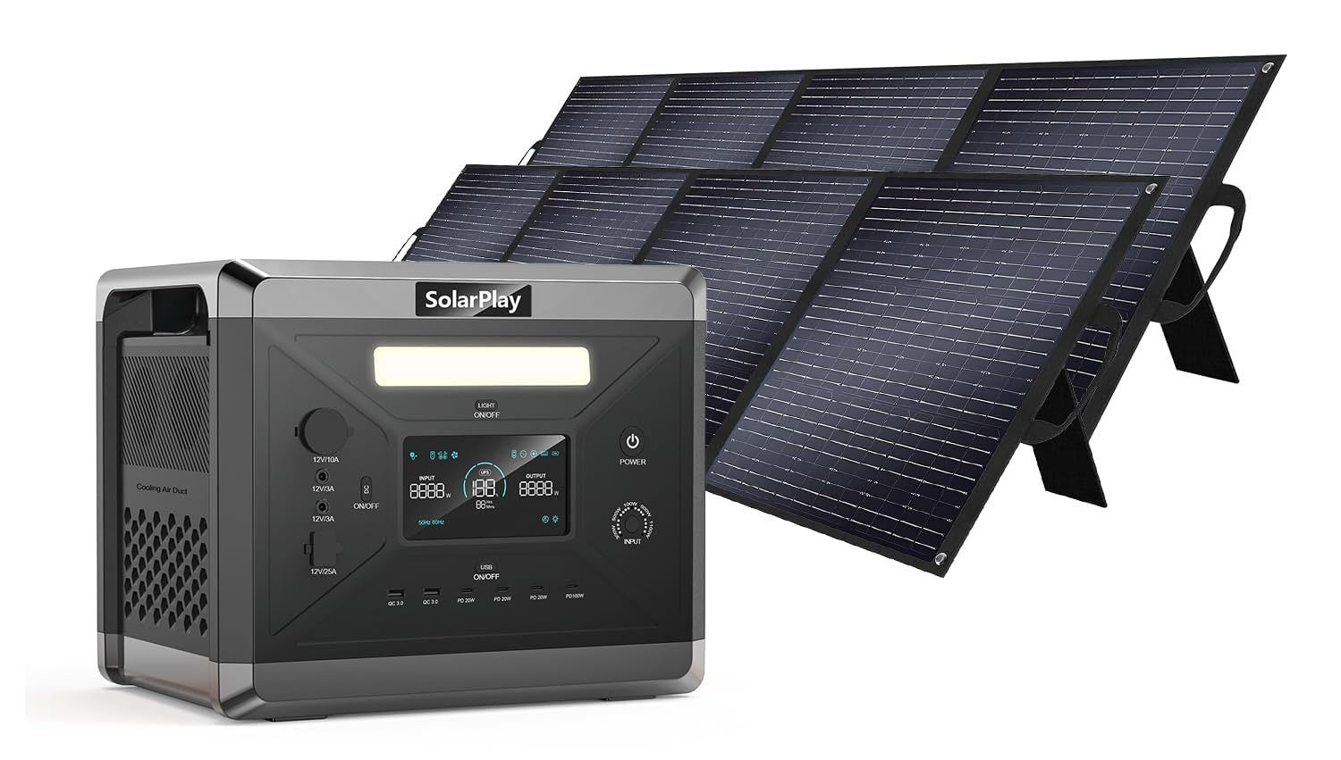 SolarPlay Stazione di Ricarica Portatile 2400w, Centrale Elettrica Portatile 2160wh con 2x200W Moduli Solari, con 14 Connessioni di Uscita, Generatore di Energia per Campeggio