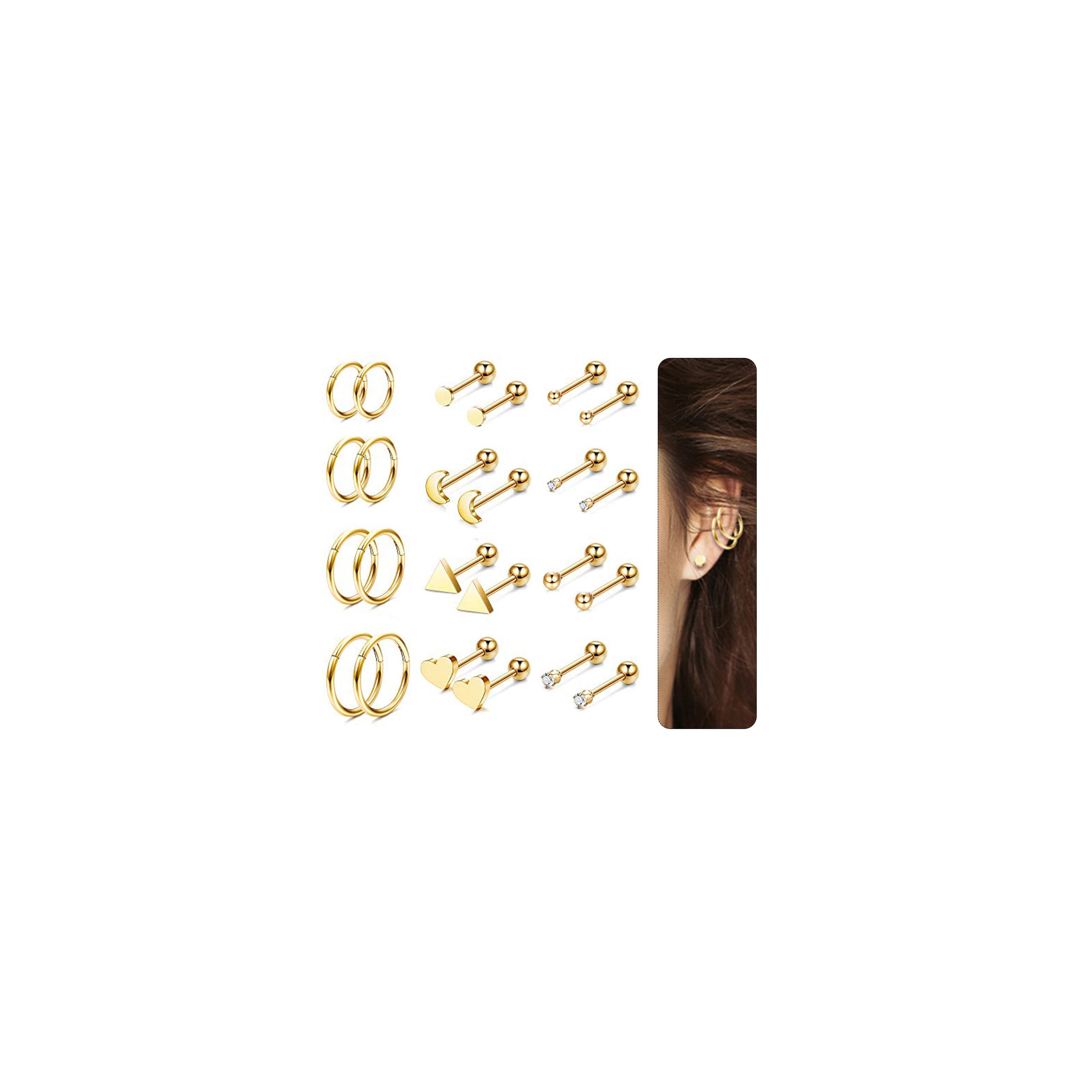 FIOROYAL 12 Piezas Pendientes Mujer Acero Quirurgico Hipoalergénicos Cartílago Estrella Luna Corazón CZ Bola Redondo Corazón Luna Piercing Oreja para Mujeres Hombres