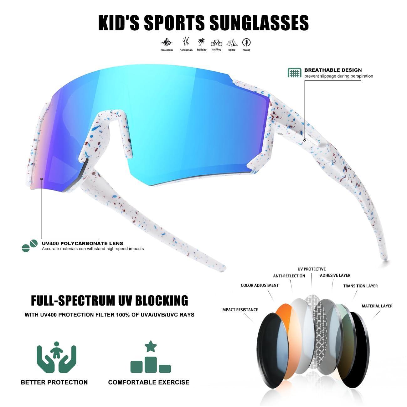 okulary przeciwsłoneczne dla dzieci, sportowe okulary przeciwsłoneczne młodzieżowe baseball dla chłopców dziewcząt ochrona UV