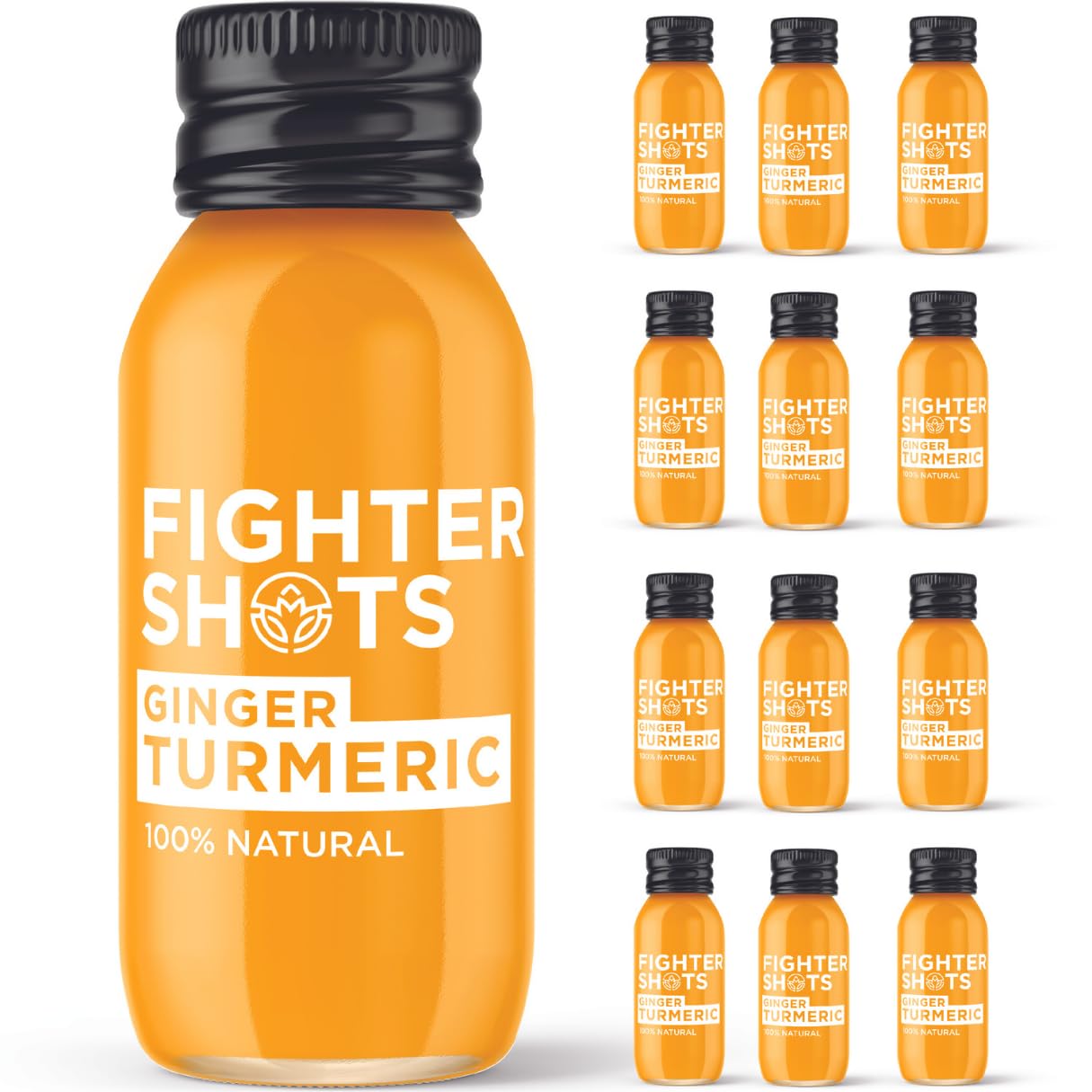Fighter Shots de Jengibre Cúrcuma (12x60ml) | Reduce la Hinchazón | Fortalece el Sistema Inmunológico | 100% Natural | Sin Conservantes | Shots De Cúrcuma Fresco e Intenso
