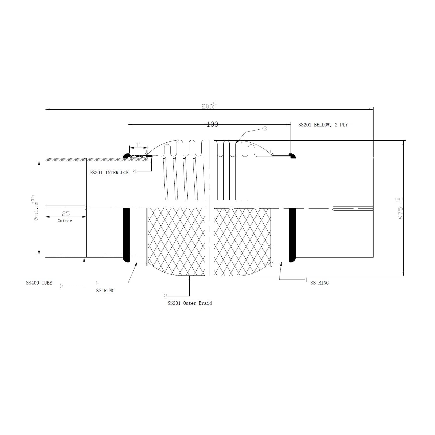 Ø 50mm / 2" Edelstahl Flexrohr in Interlock Bauweise mit Schellen Abgasanlage Auspuff 100/200mm
