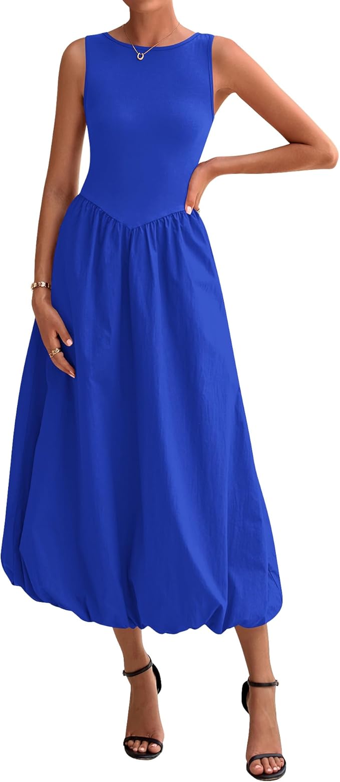 BTFBM Women's 2025 Summer Casual Sleeveless Midi Dress Patchwork Knit Tank Bubble Long Flowy Beach Maxi Sundress Pockets