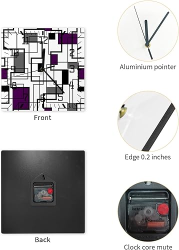 Miniatura 2 de Purple Grey Geometric Wooden Wall Clock Silent Non Ticking, Black Line Plaid Modern Abstract Art Square Wall Clock Battery Operated, Decor Clock for