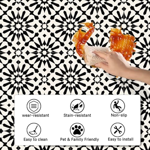 Image of Nuxovilar Peel and Stick Vinyl Floor Tiles, 12x12 Inch | Black & White Geometric Floral Pattern, Self-Adhesive Flooring (10 Pcs)
