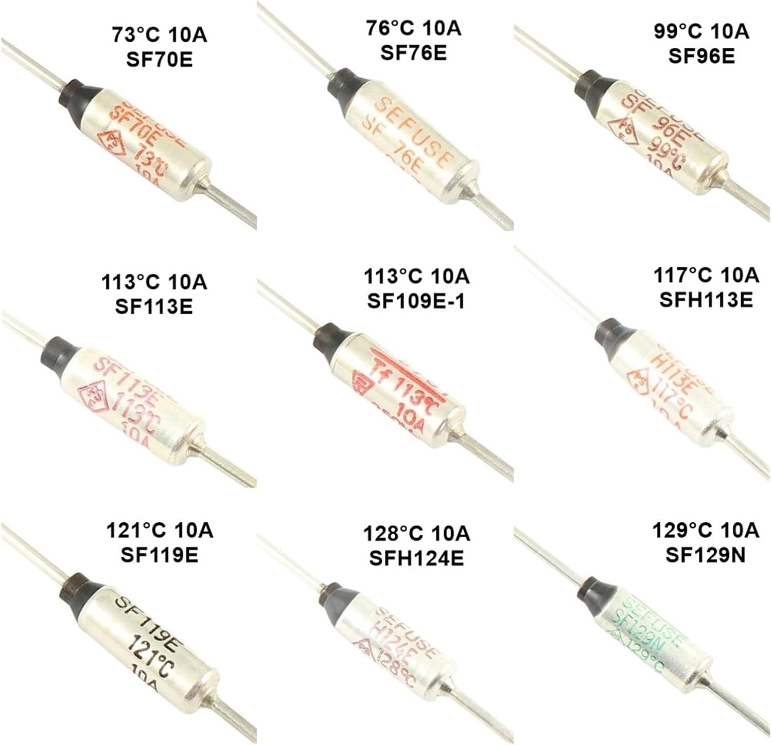 NISZA 5 Pieces Thermal Fuse SF 73 77 99 113 117 121 128 129 133 142 157 172 184 192 216 227 240 C Degree 250V 10A 15A Axial TF RY SF240E (Size : 128C 10A SFH124E)