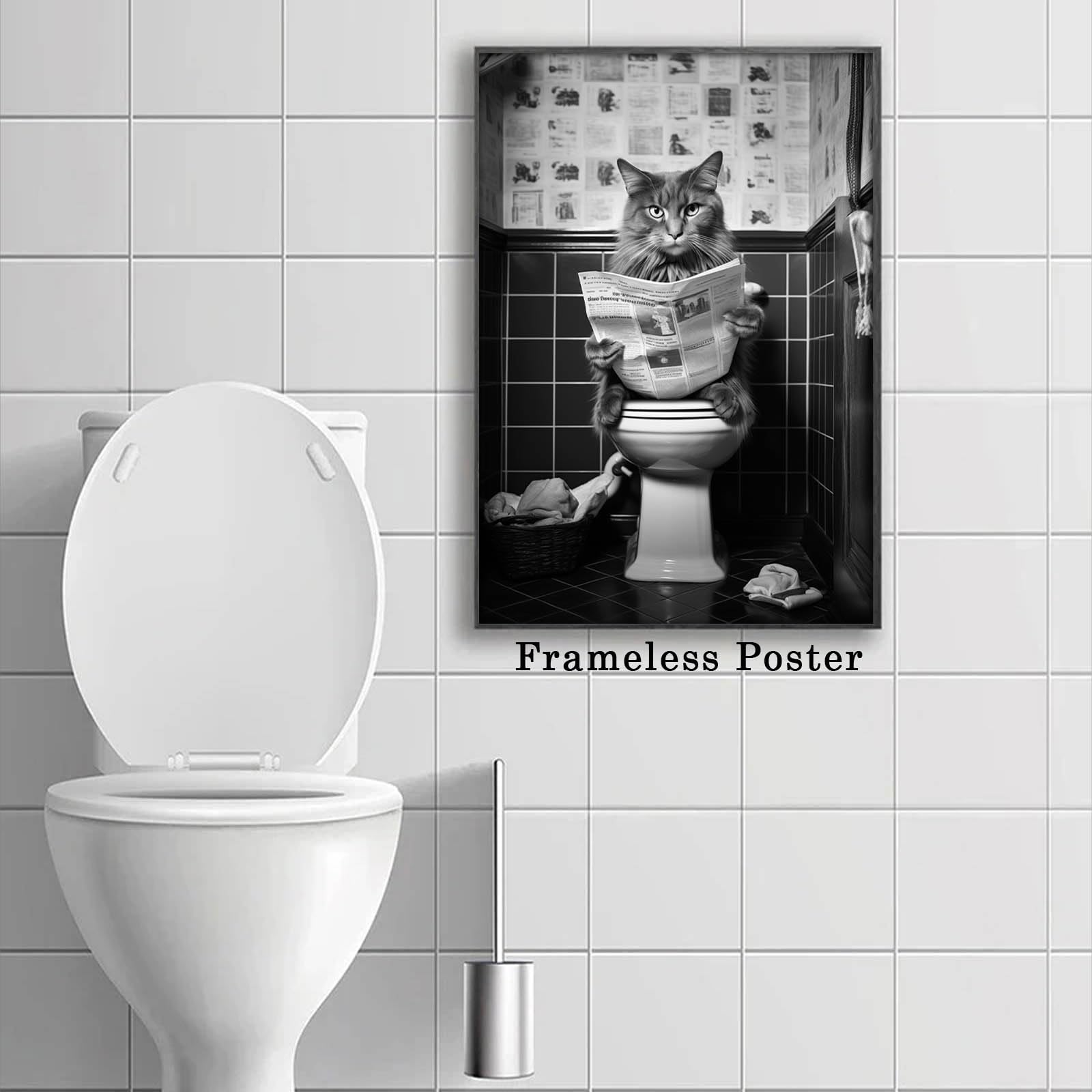 Tableau Toile Humour – Chat Noir Sur Les Toilettes Lisant Un Journal – 30x45 Cm, Déco Bureau Ou Salon