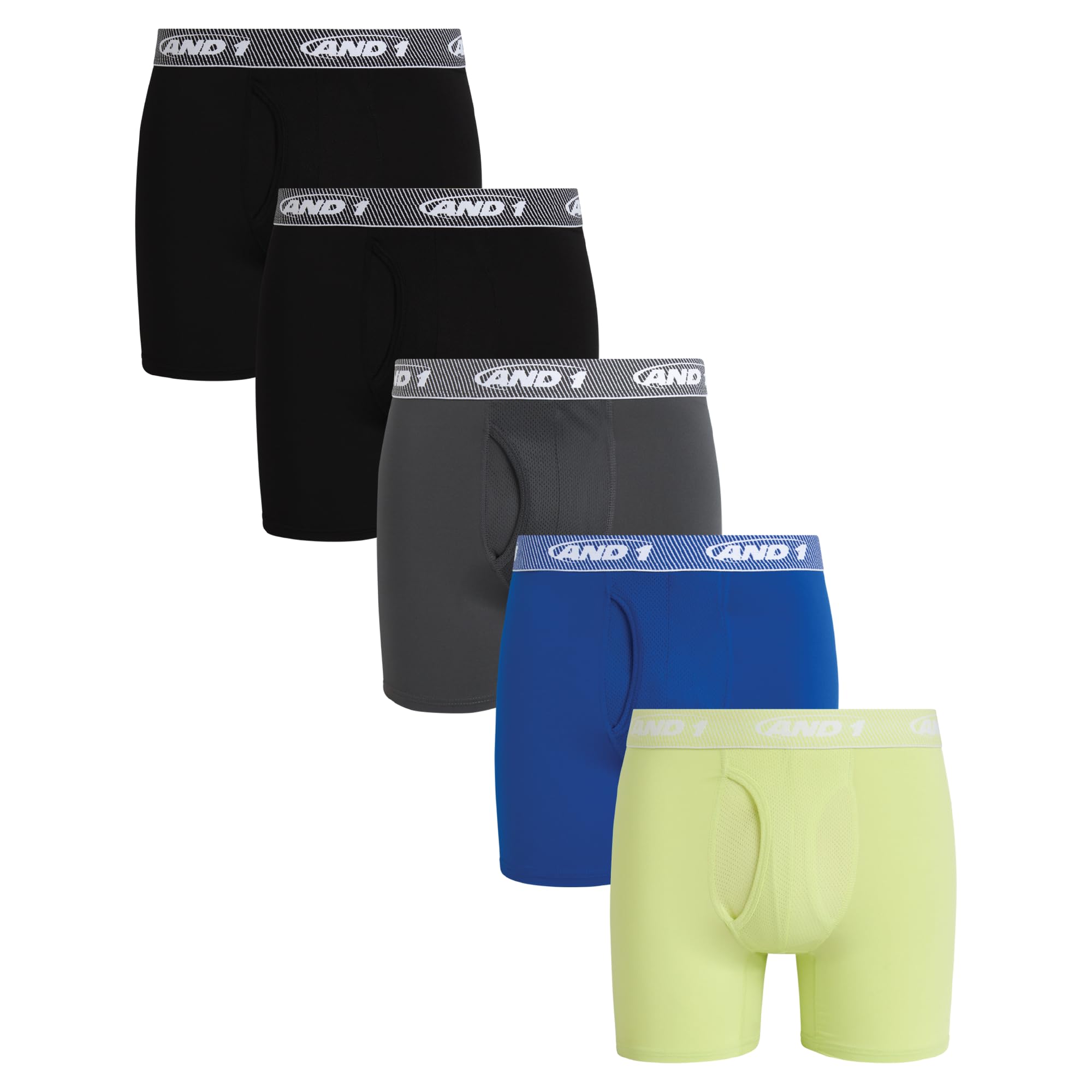 AND1 Mens Boxer Briefs - 5 Pack Stretch Performance Mens Underwear Boxers with Functional Fly Pouch 6 Inseam