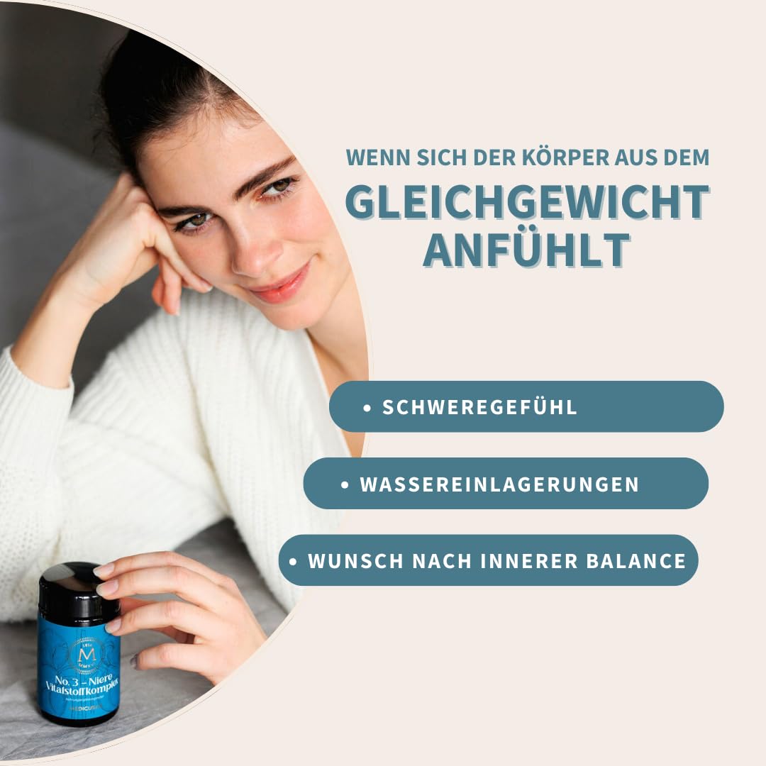 No.3 Niere – 1.200mg Goldrute – 1.200mg Zinnkraut – 1.500mg Brennnessel – 150mg Wacholderbeeren, Birkenblatt – 400mg Echte Bärentraube, Kapuzinerkresse – 2Kapseln/Tag – 60Kapseln/30Tage