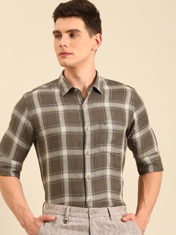 Image of Linen Club Men's Pure Linen Checked Contemporary Fit Full Sleeve Casual Shirt