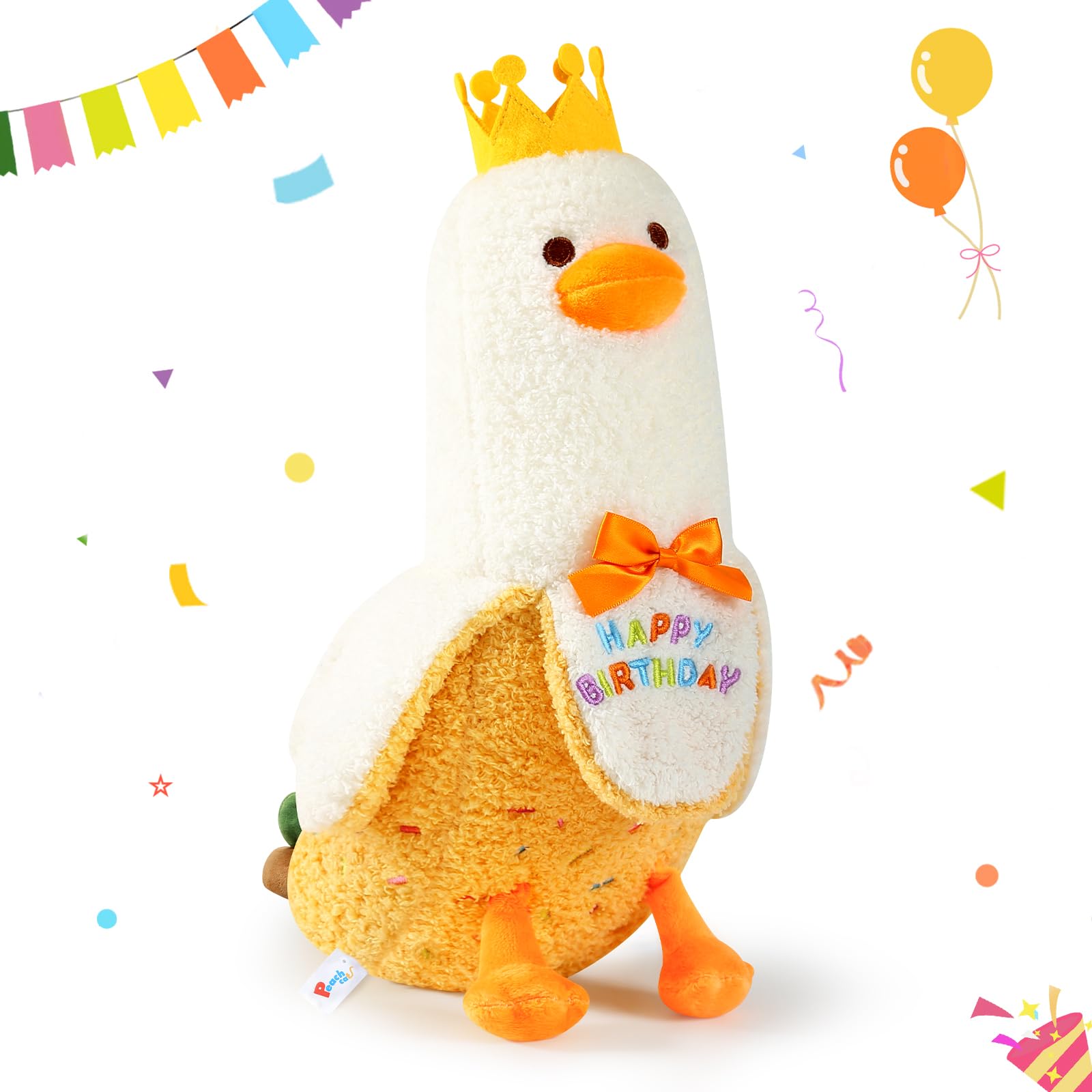PEACH CAT Banana Duck Plush Pillow with Birthday Party Crown Banana Duck Stuffed Animal for Birthday Gift for Kids Yellow 12