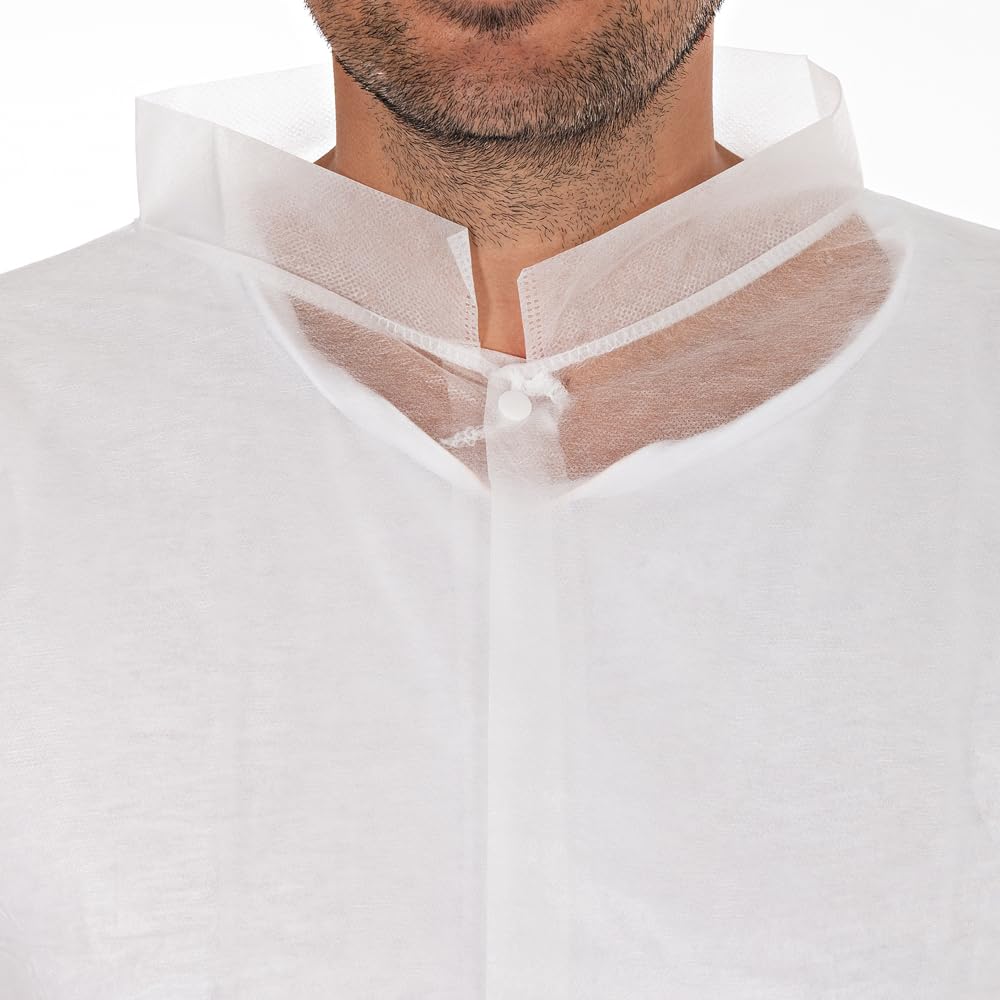 FRANZ MENSCH 100 Stück Hygonorm Besucherkittel Light mit Druckknöpfen, Stehkragen | PP, Sparpack, white, XL, L: 110cm, Umfang: 130cm, Box, Einwegkittel, Besucherkittel,Überkittel die Hygienebereiche