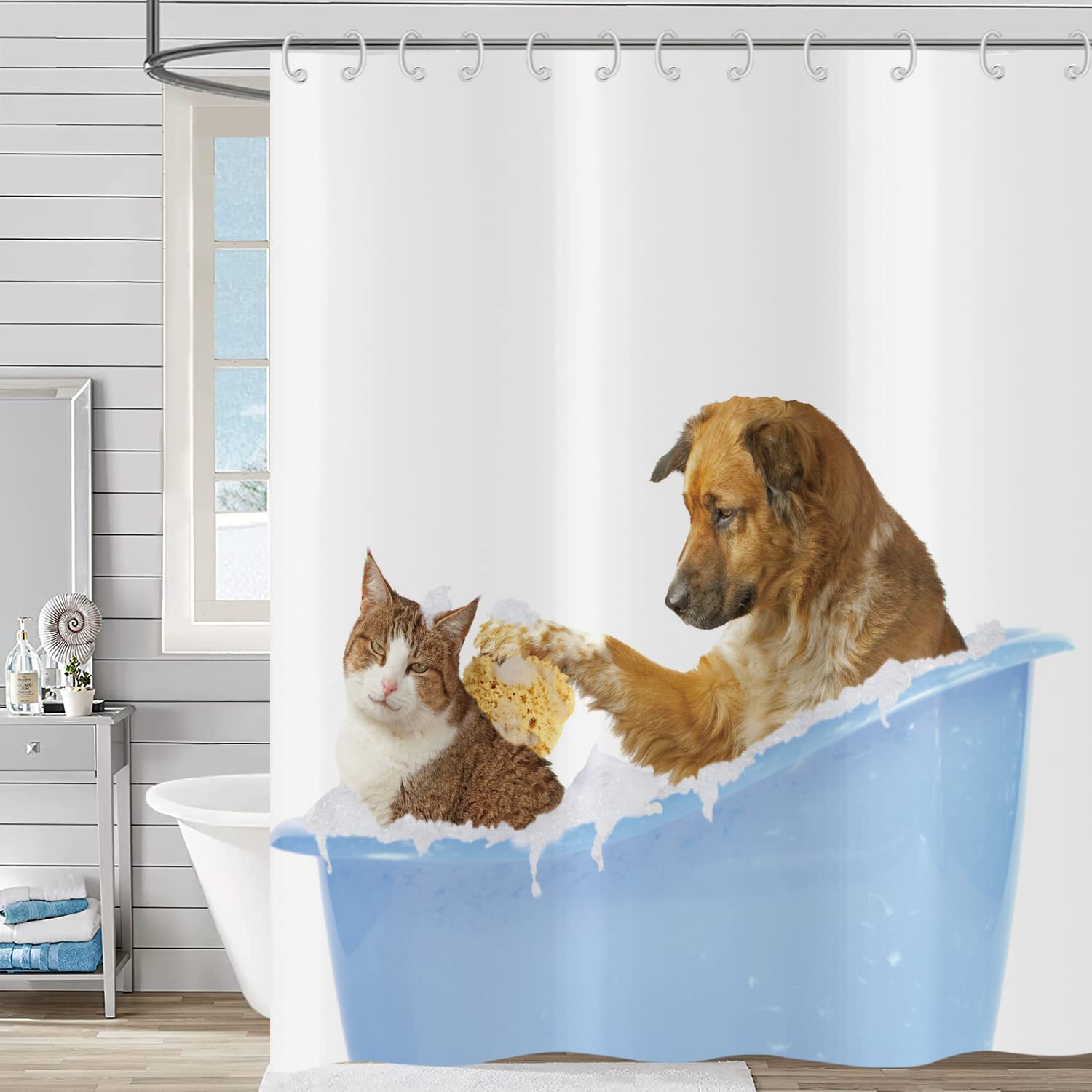 Hnmdmyi Funny Shower Curtain 240x180, Bathing Cat and Dog Shower Curtains Kids Cute Cartoon Animal Blue White Bathroom Curtains Waterproof Polyester Fabric Washable Bath Curtains with Hooks