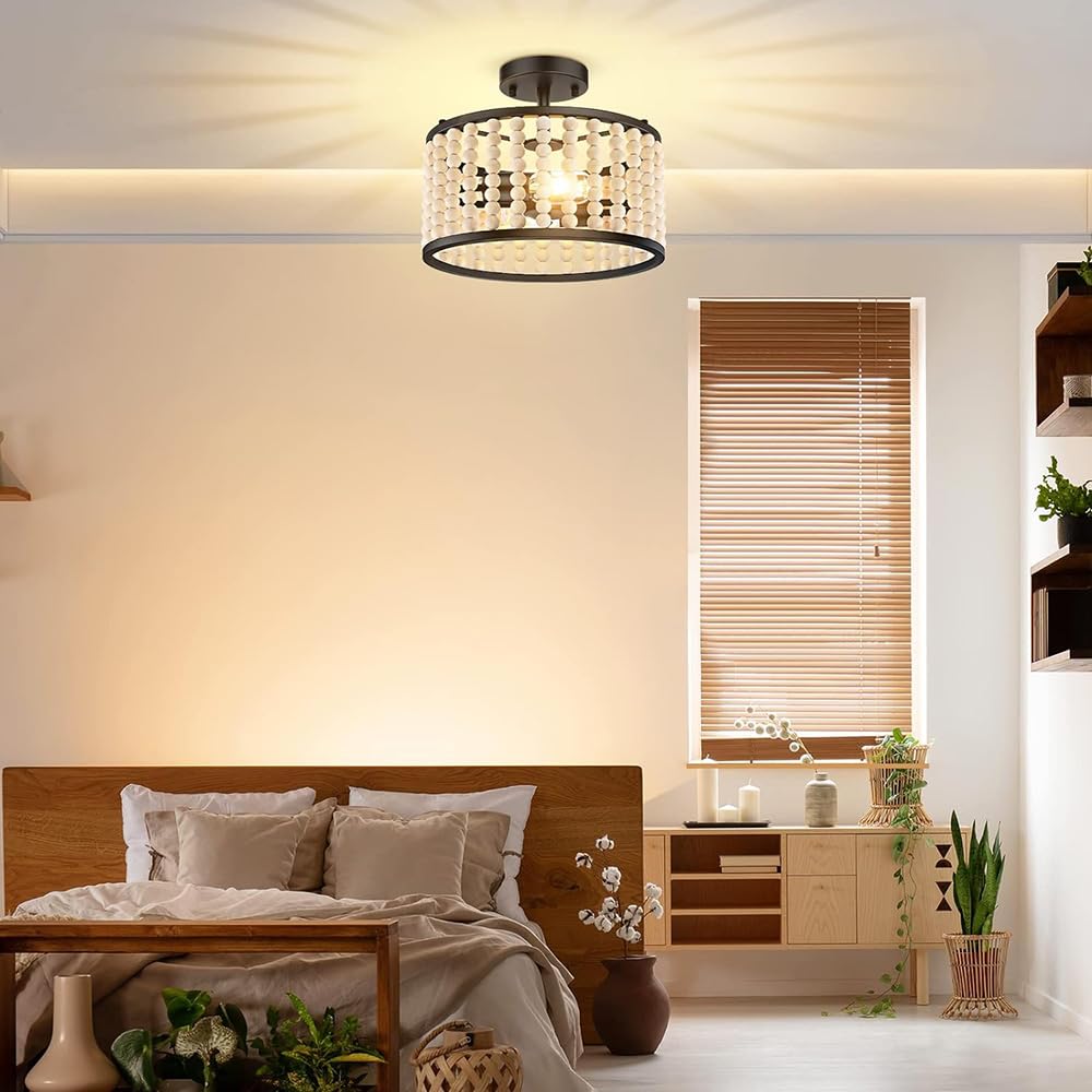 Amerykańska lampa sufitowa w stylu retro do sypialni, 12,6 cala, boho, na korytarz, werandę, z kutego żelaza, z litego drewna, odpowiednia do kuchni, balkonu, hotelu, miejsc komercyjnych