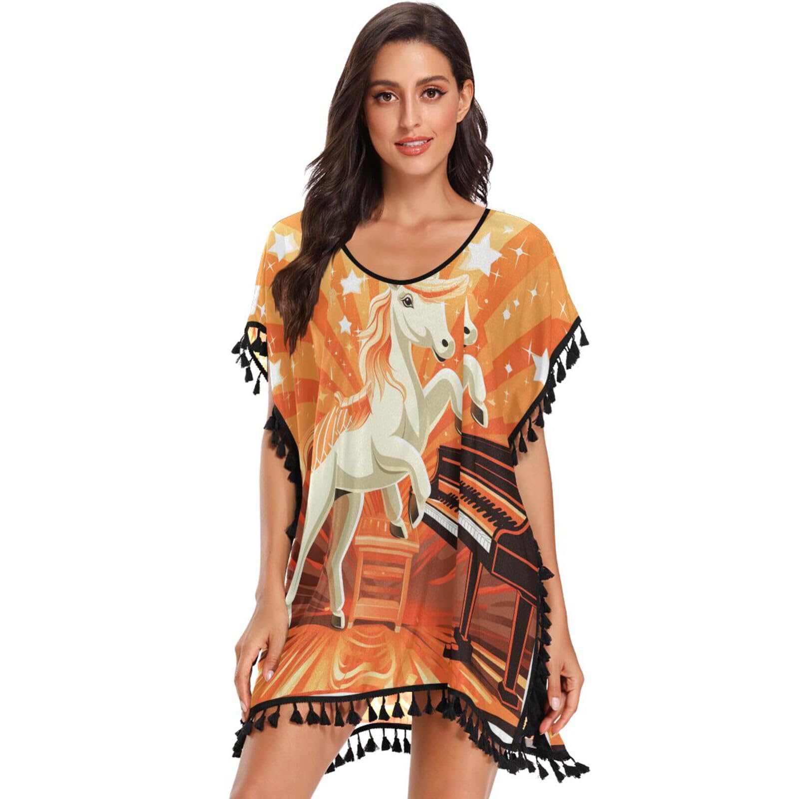 Cartoon Unicorn Cute Women's Beach Cover Up Chiffon Tassel Swimwear Swimsuit Coverups for Girl