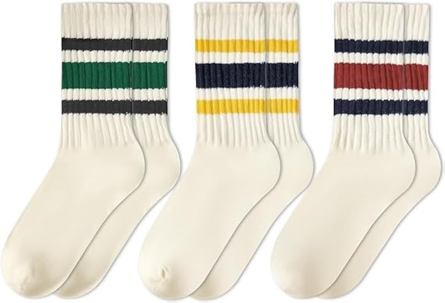 3 Pairs of Women's Striped Socks, Vintage Crew Socks, Women's Loose Athletic Calf Socks, Casual Cotton Stretchy Novelty Socks