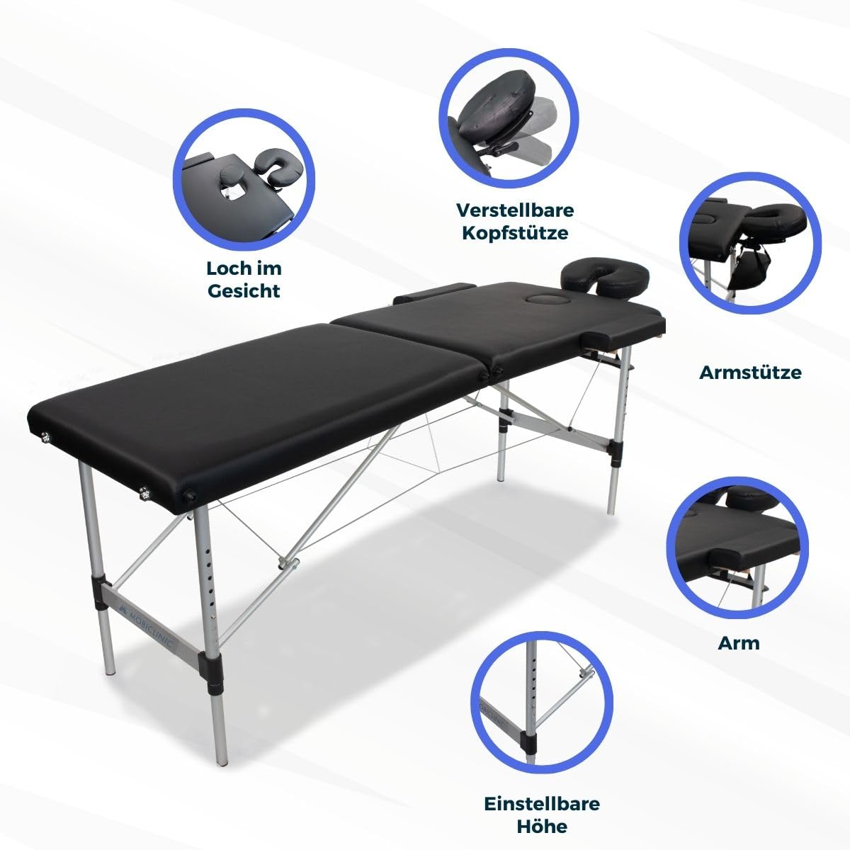Mobiclinic®, Klappbare Massageliege, Aluminium und Kunstleder, Höhenverstellbar, CA-01 Light, Kopfstütze, 2 Teile, 186x60cm, Physiotherapie-klapptisch, 150 kg, Tragbar, Tragetasche