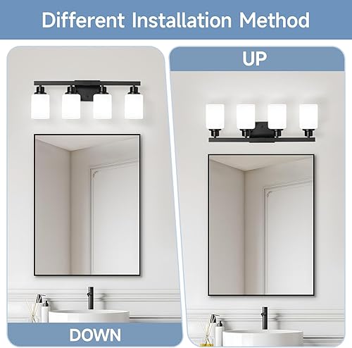 Miniatura 4 de Lámpara de tocador de baño de 4 luces, moderna lámpara de baño negra mate con vidrio esmerilado cuadrado, apliques de pared sobre espejo de baño,