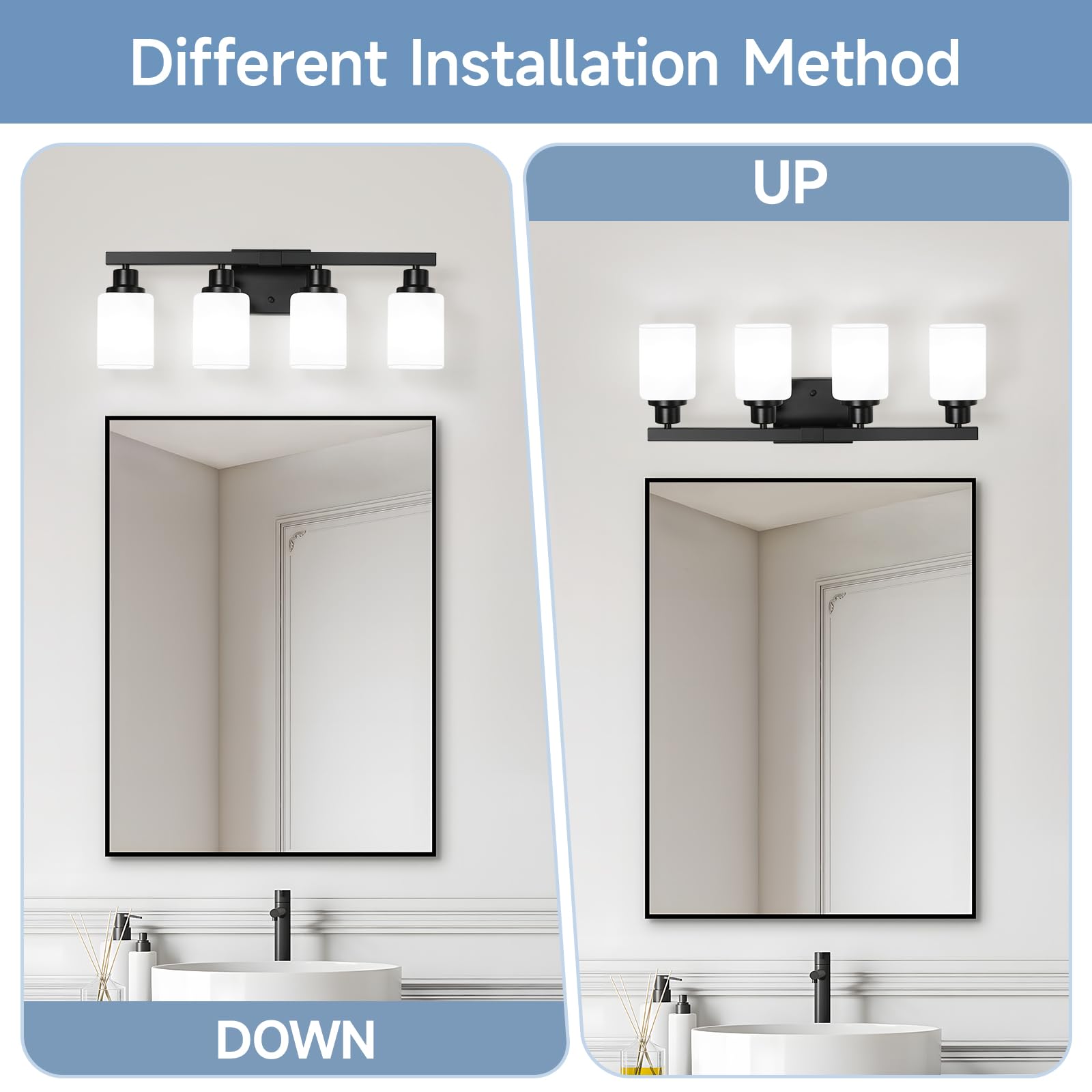 4-Light Bathroom Vanity Light Modern Matte Black Bathroom Light Fixtures with Square Frosted Glass Wall Sconces fixtures Over — view 4